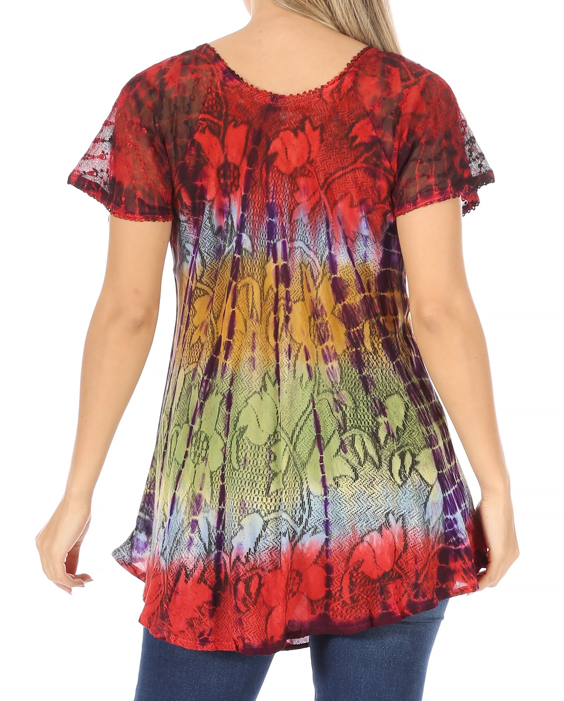 Sakkas - Dina Relaxed Fit Sequin Tie Dye Embroidery Cap Sleeves Blouse