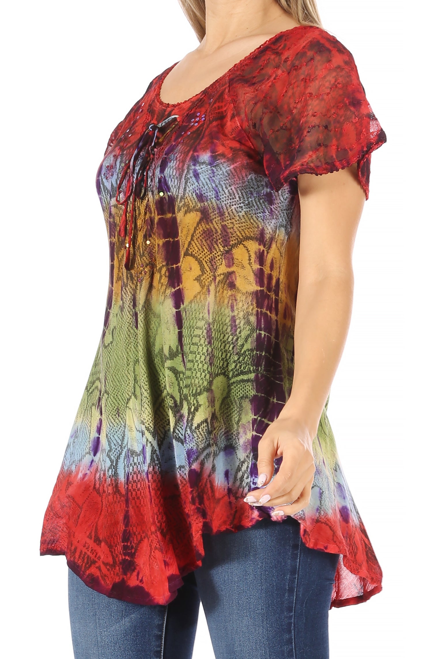 Sakkas - Dina Relaxed Fit Sequin Tie Dye Embroidery Cap Sleeves Blouse