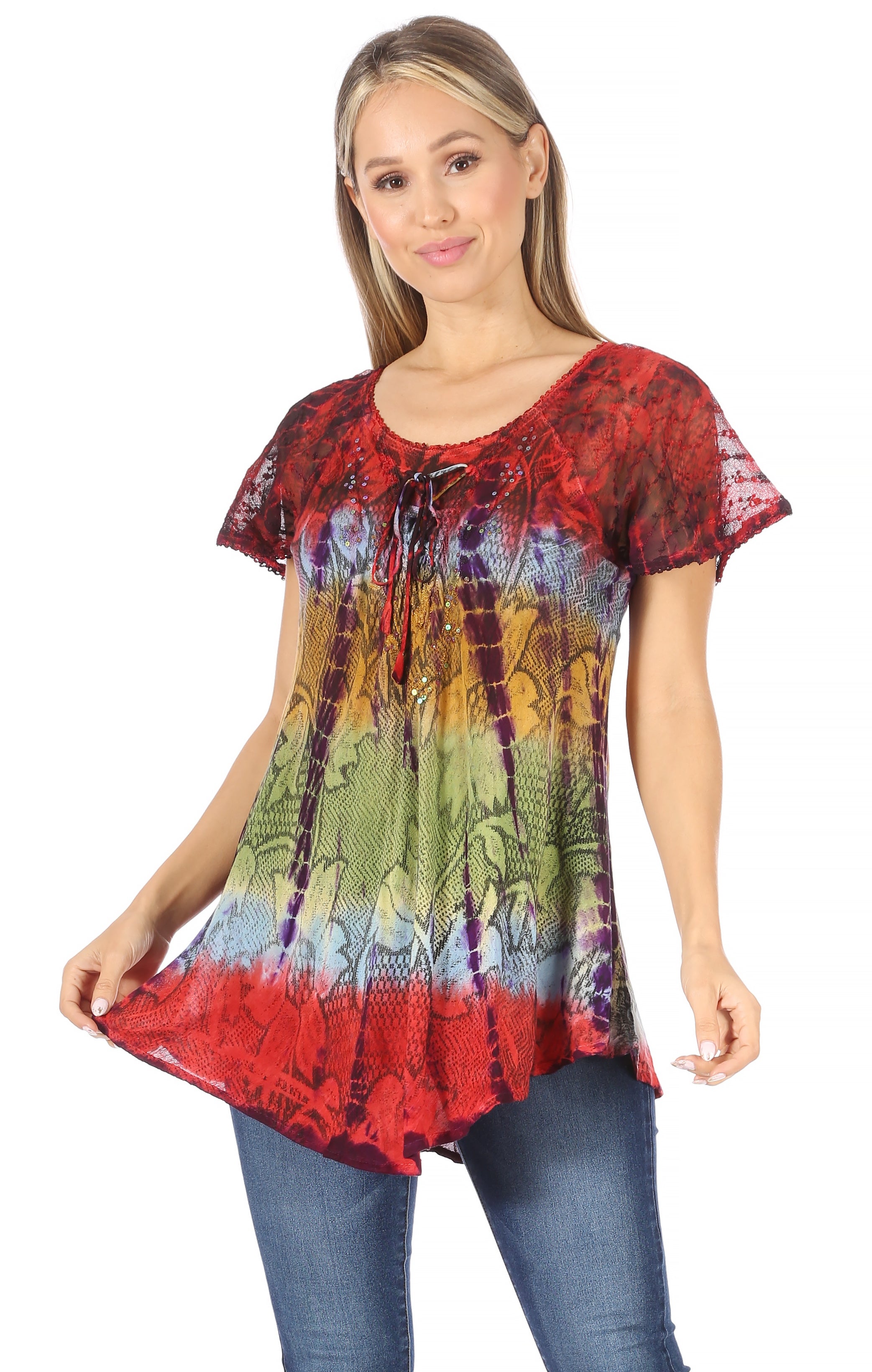 Sakkas - Dina Relaxed Fit Sequin Tie Dye Embroidery Cap Sleeves Blouse