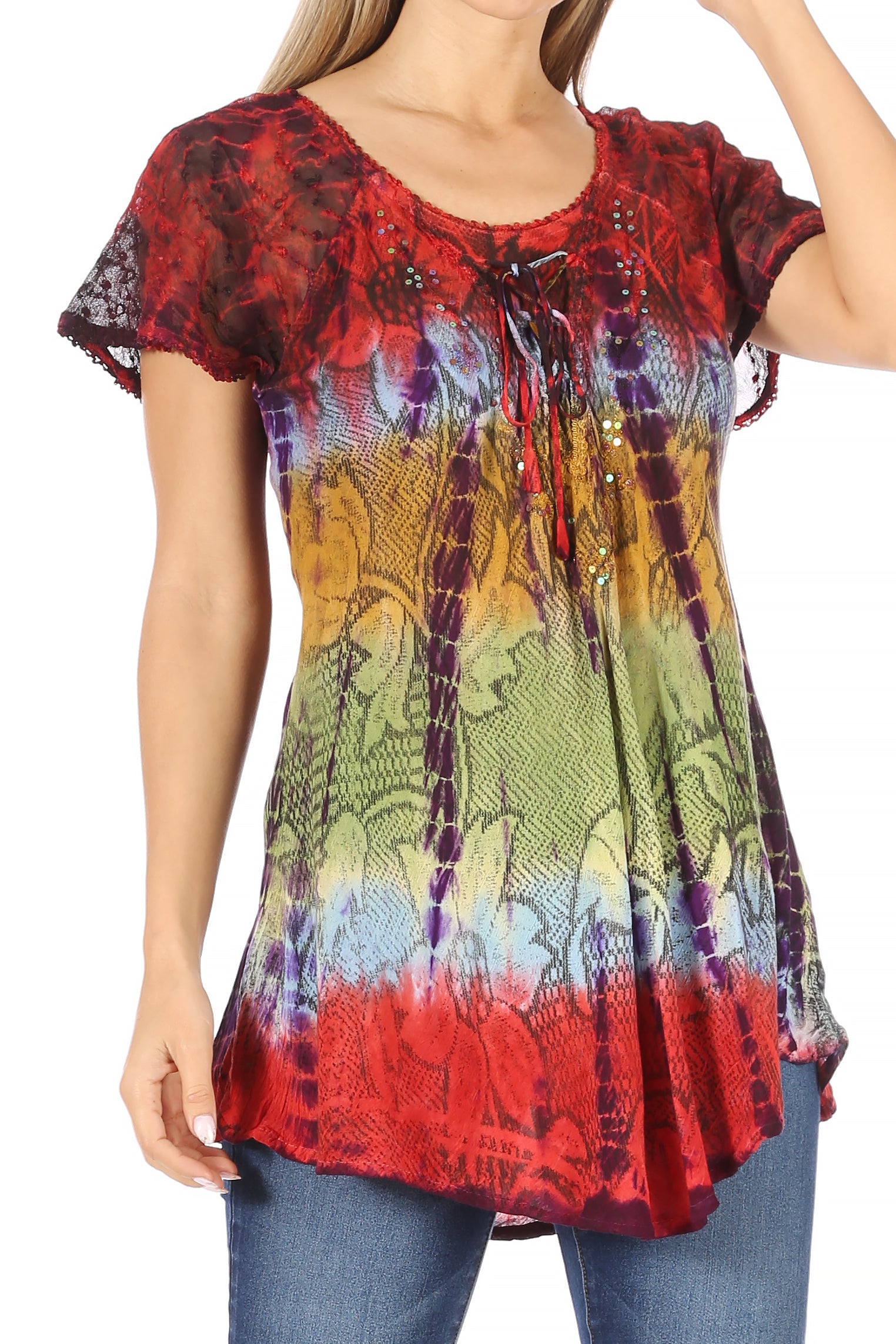 Sakkas - Dina Relaxed Fit Sequin Tie Dye Embroidery Cap Sleeves Blouse