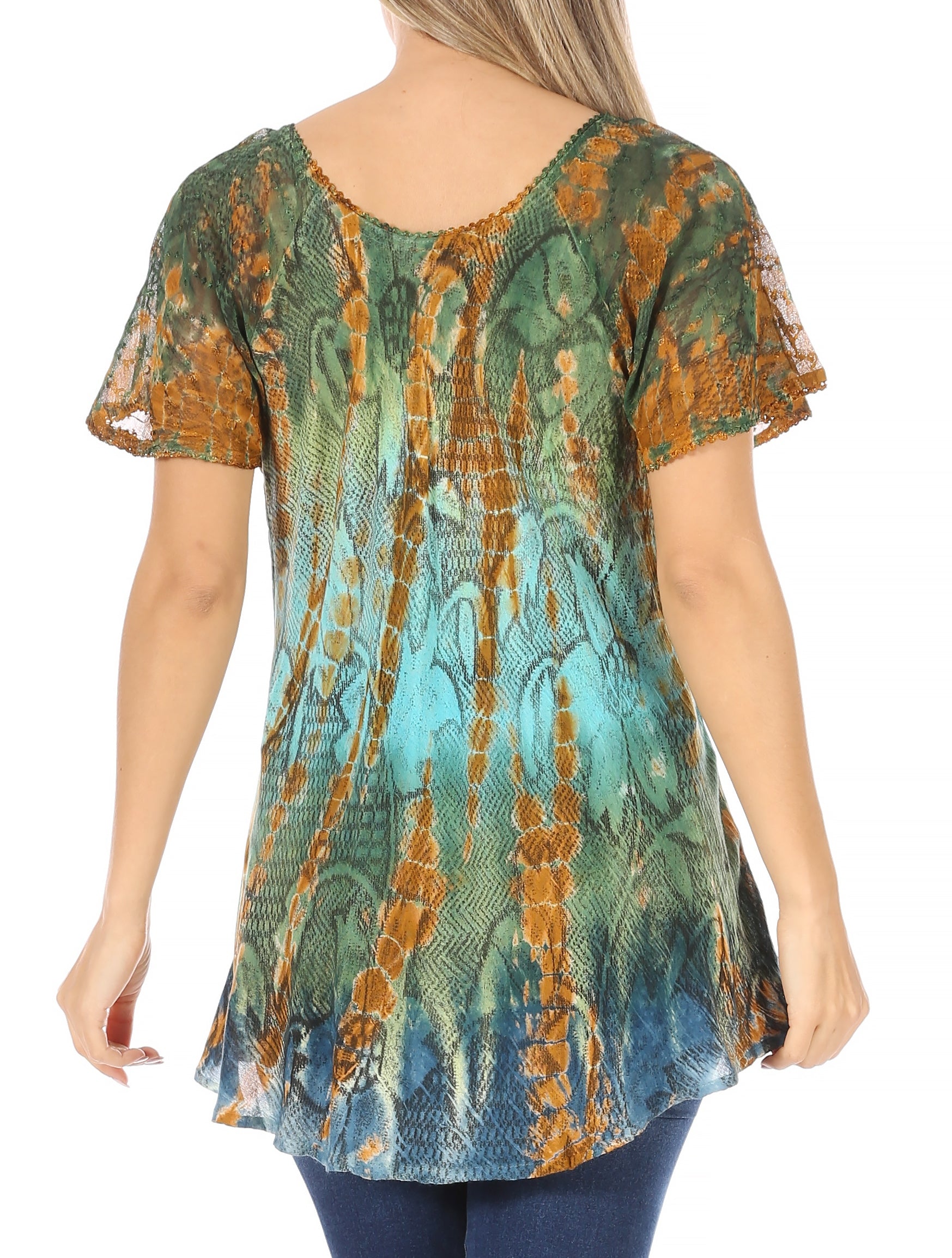 Sakkas - Dina Relaxed Fit Sequin Tie Dye Embroidery Cap Sleeves Blouse