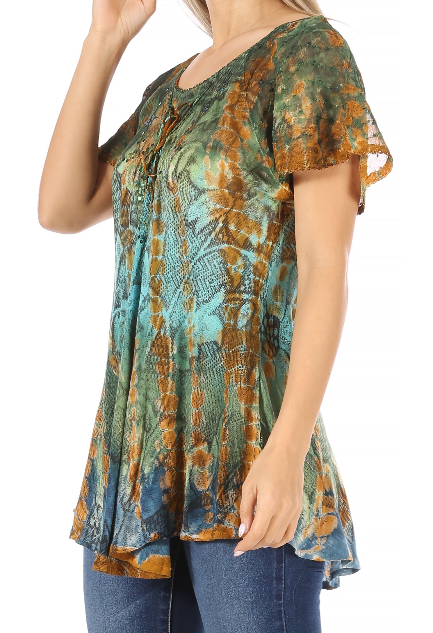 Sakkas - Dina Relaxed Fit Sequin Tie Dye Embroidery Cap Sleeves Blouse