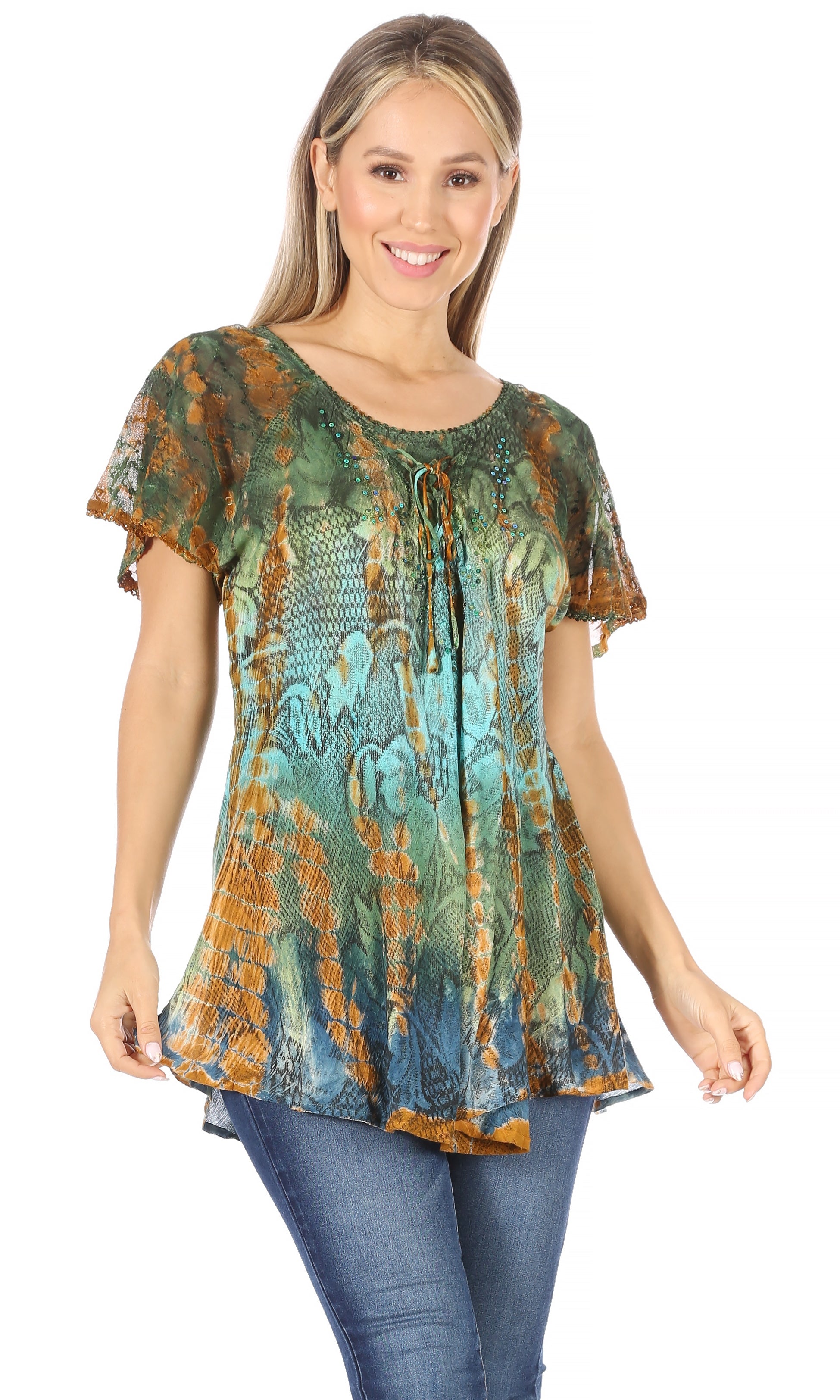 Sakkas - Dina Relaxed Fit Sequin Tie Dye Embroidery Cap Sleeves Blouse