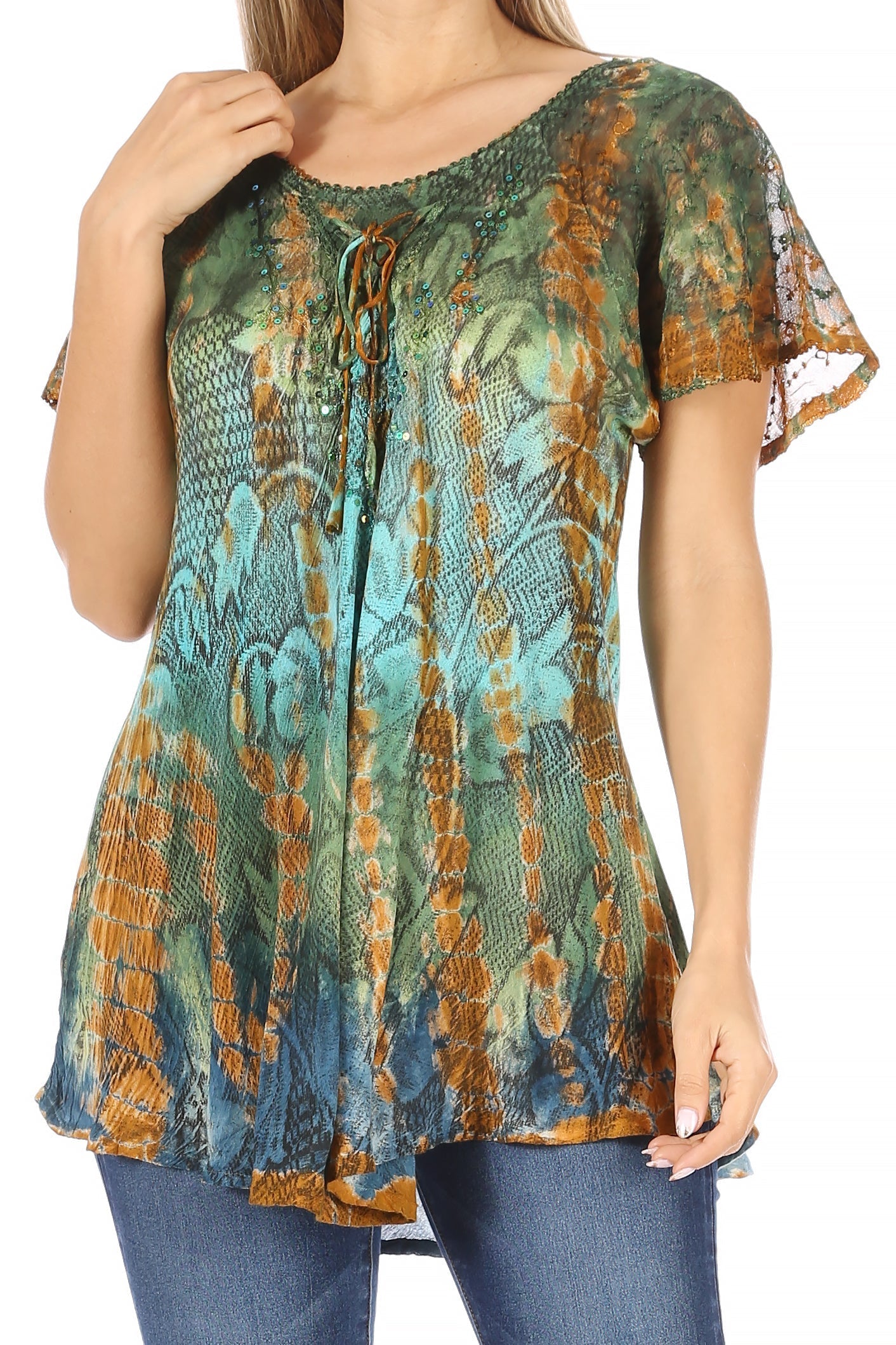 Sakkas - Dina Relaxed Fit Sequin Tie Dye Embroidery Cap Sleeves Blouse