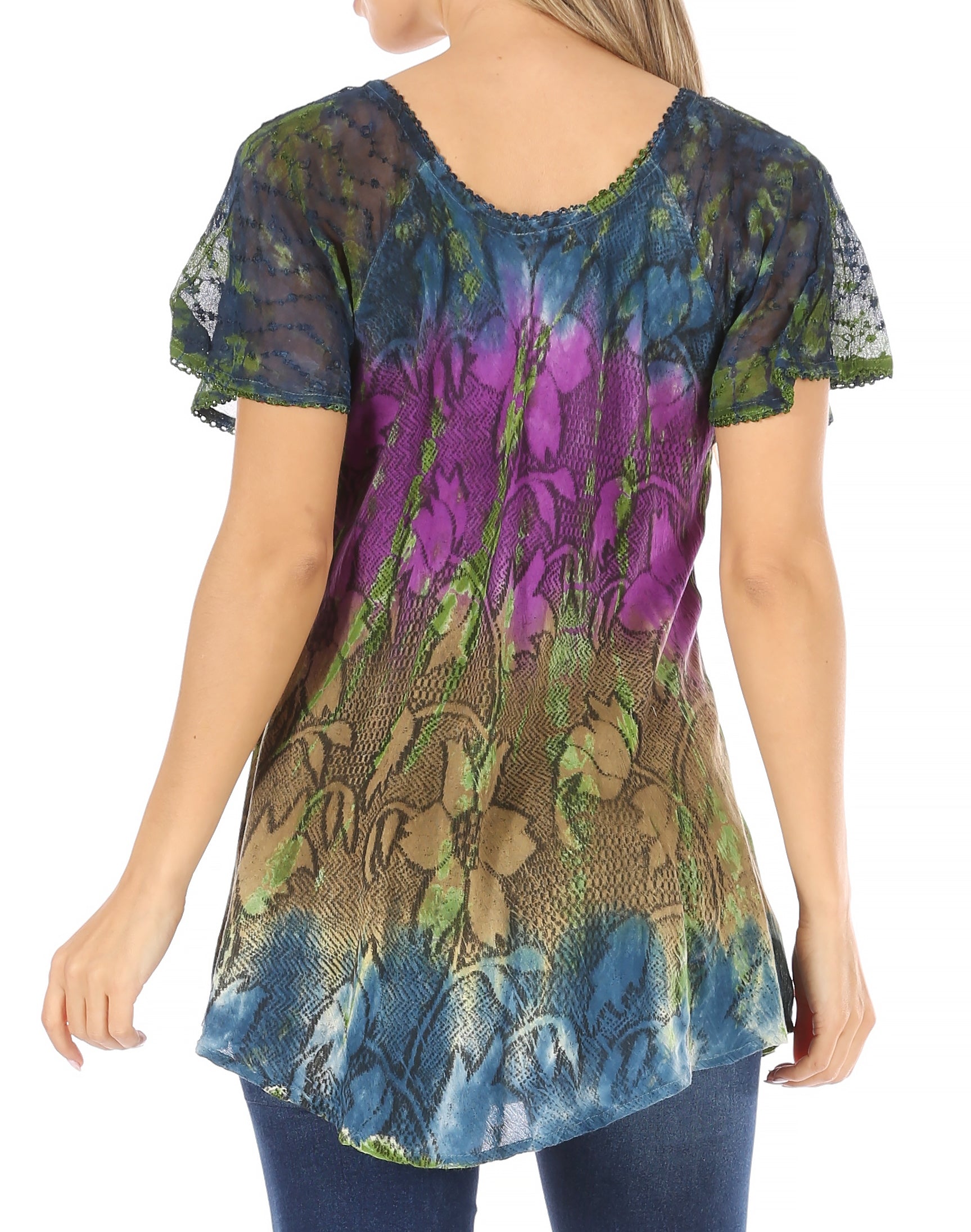 Sakkas - Dina Relaxed Fit Sequin Tie Dye Embroidery Cap Sleeves Blouse
