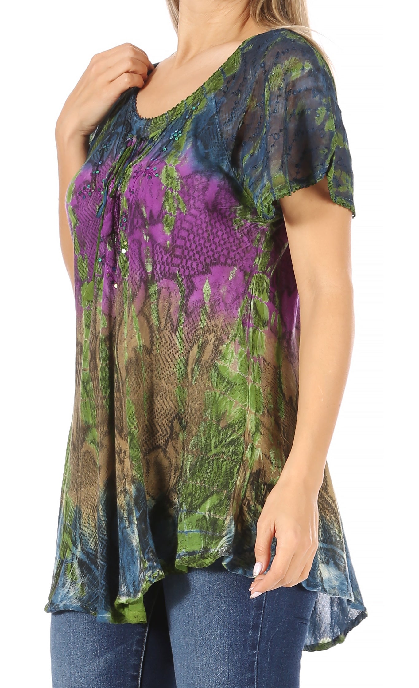 Sakkas - Dina Relaxed Fit Sequin Tie Dye Embroidery Cap Sleeves Blouse