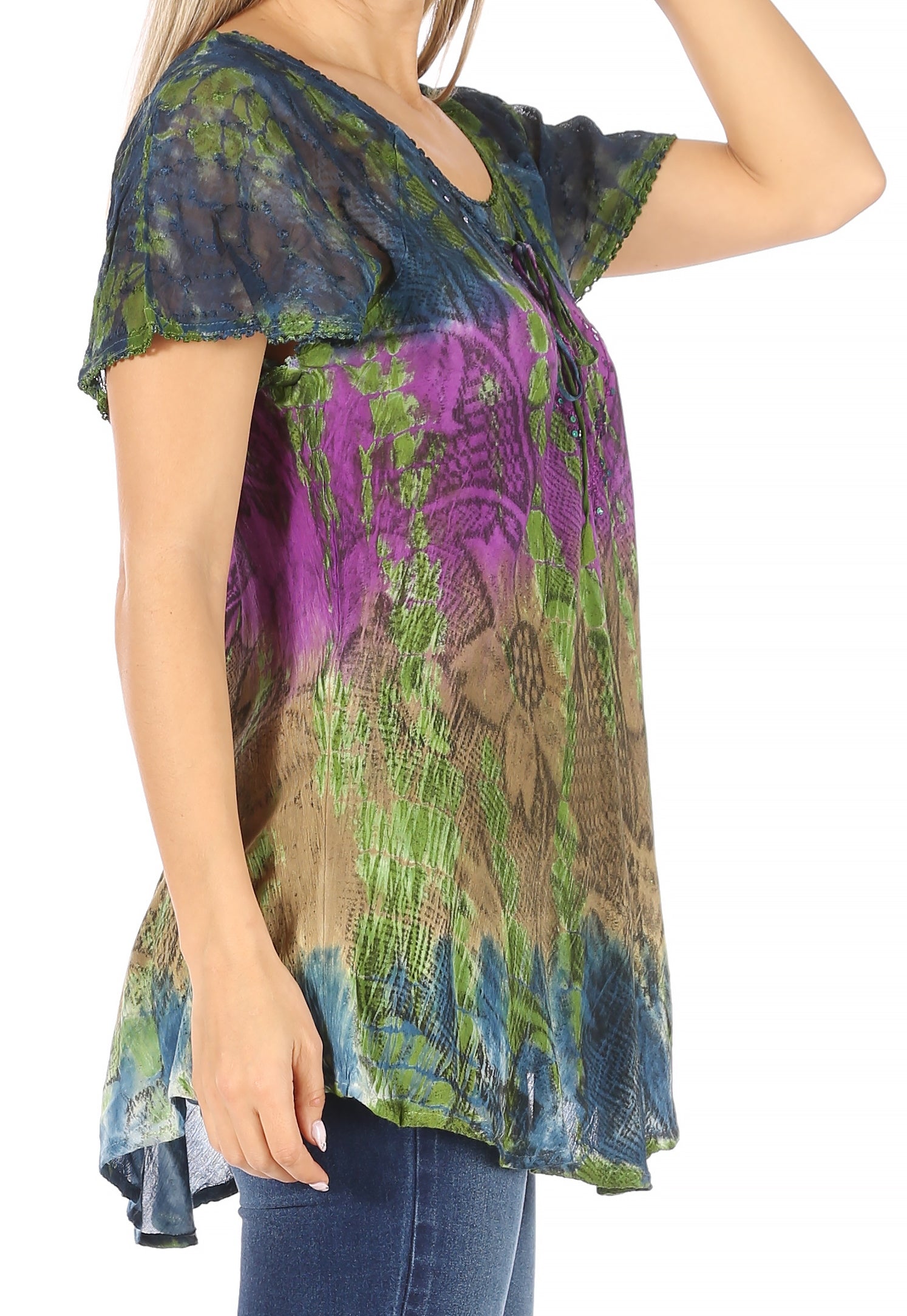 Sakkas - Dina Relaxed Fit Sequin Tie Dye Embroidery Cap Sleeves Blouse
