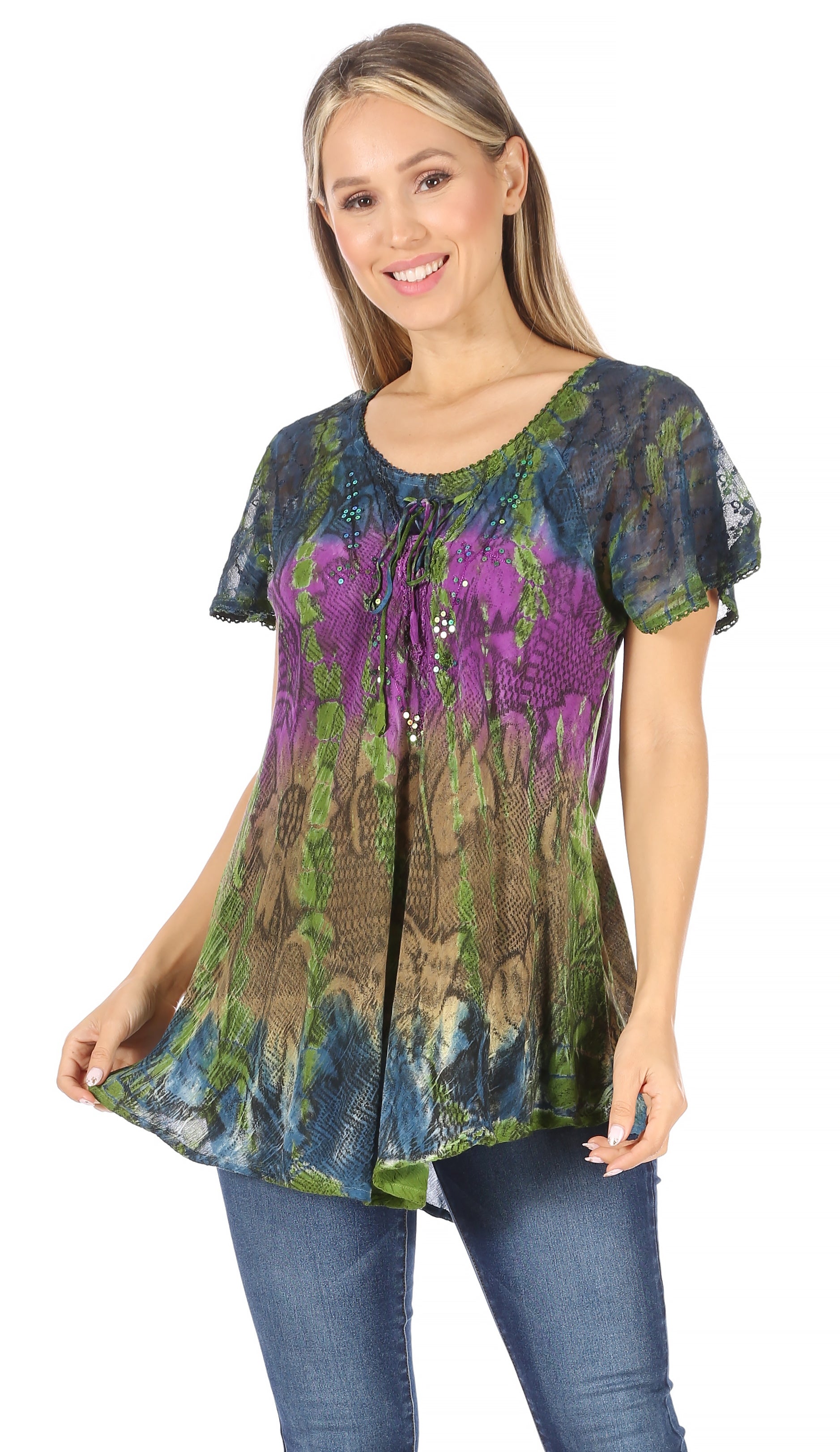 Sakkas - Dina Relaxed Fit Sequin Tie Dye Embroidery Cap Sleeves Blouse