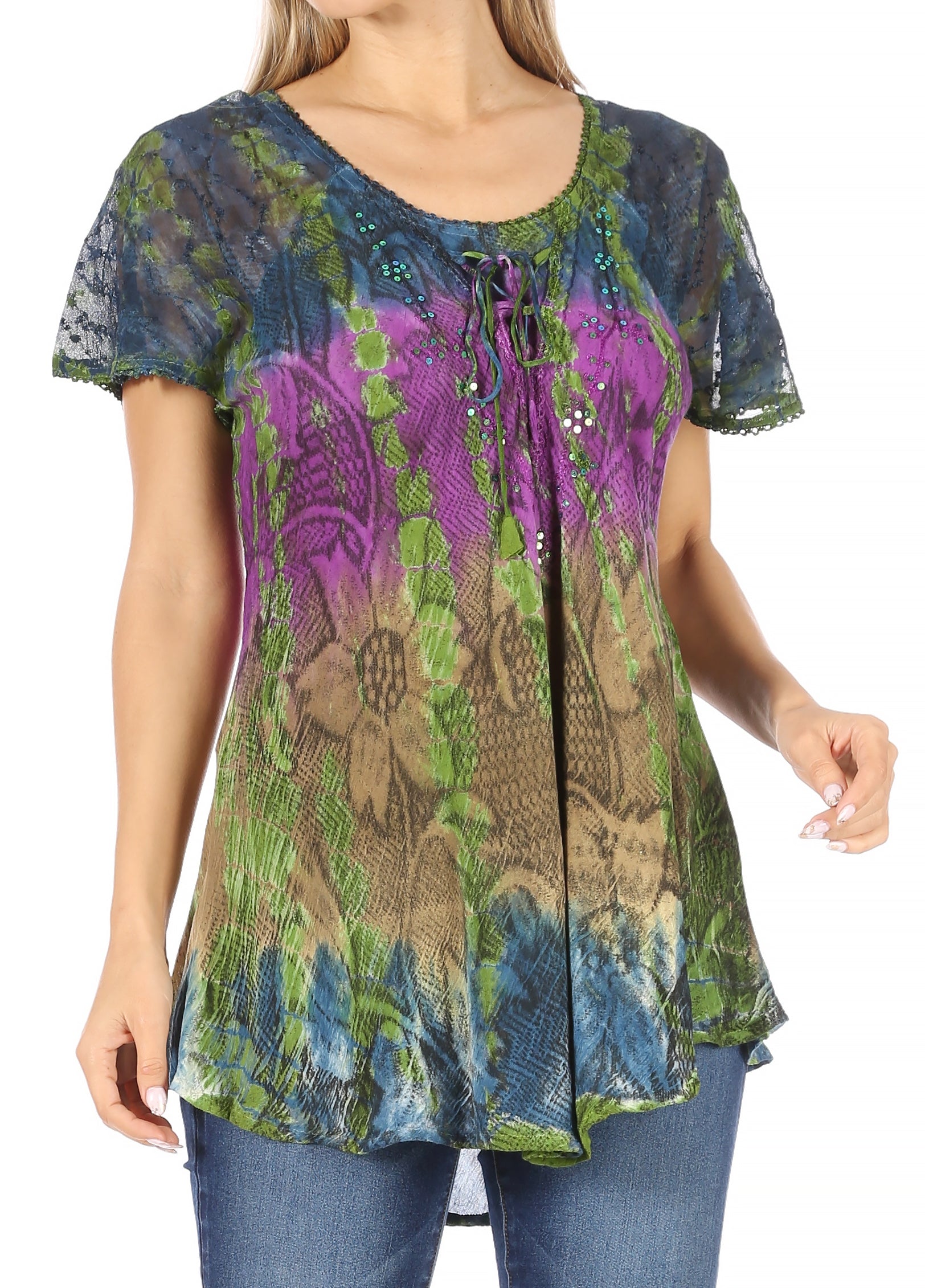 Sakkas - Dina Relaxed Fit Sequin Tie Dye Embroidery Cap Sleeves Blouse