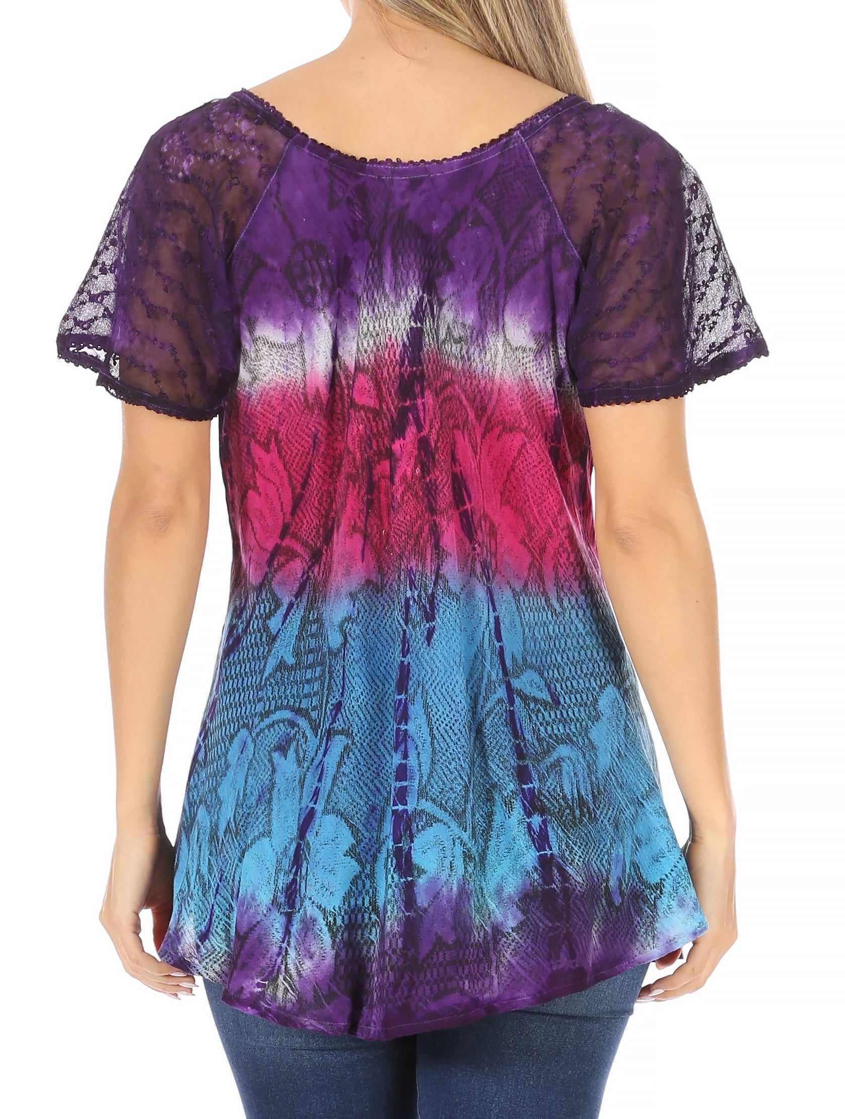 Sakkas - Dina Relaxed Fit Sequin Tie Dye Embroidery Cap Sleeves Blouse