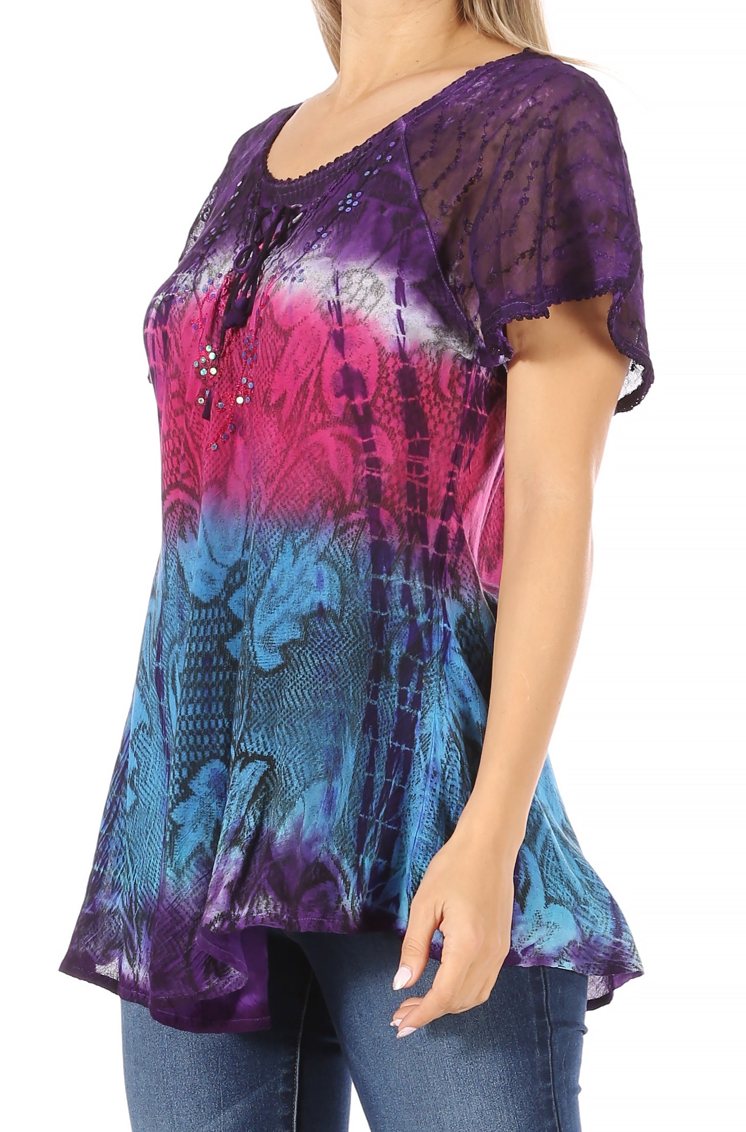 Sakkas - Dina Relaxed Fit Sequin Tie Dye Embroidery Cap Sleeves Blouse