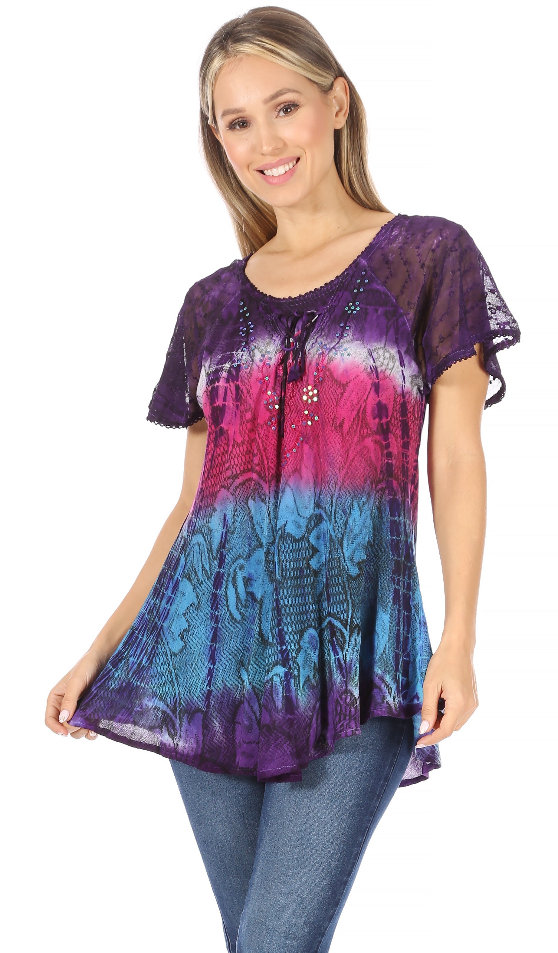 Sakkas - Dina Relaxed Fit Sequin Tie Dye Embroidery Cap Sleeves Blouse