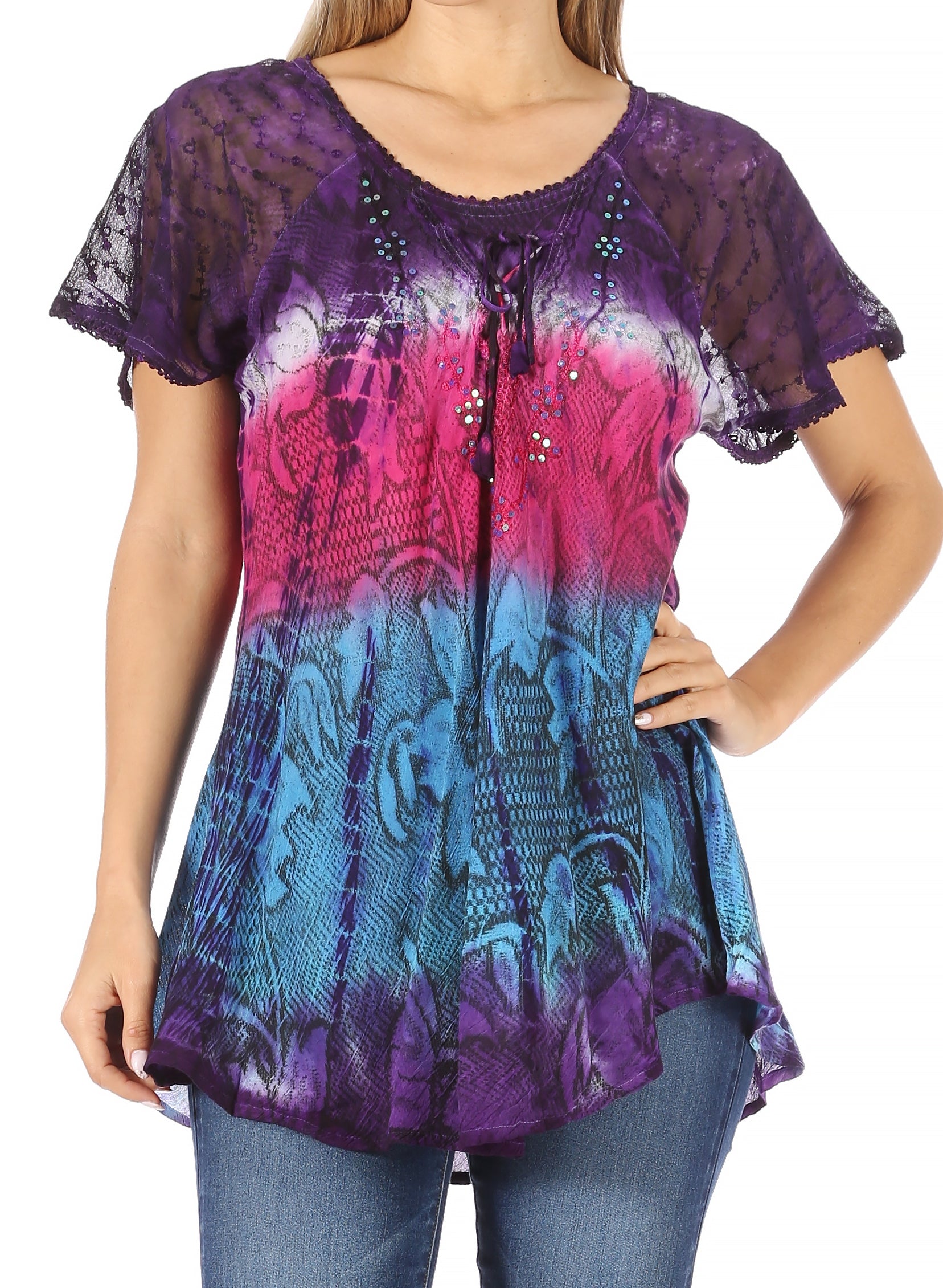 Sakkas - Dina Relaxed Fit Sequin Tie Dye Embroidery Cap Sleeves Blouse