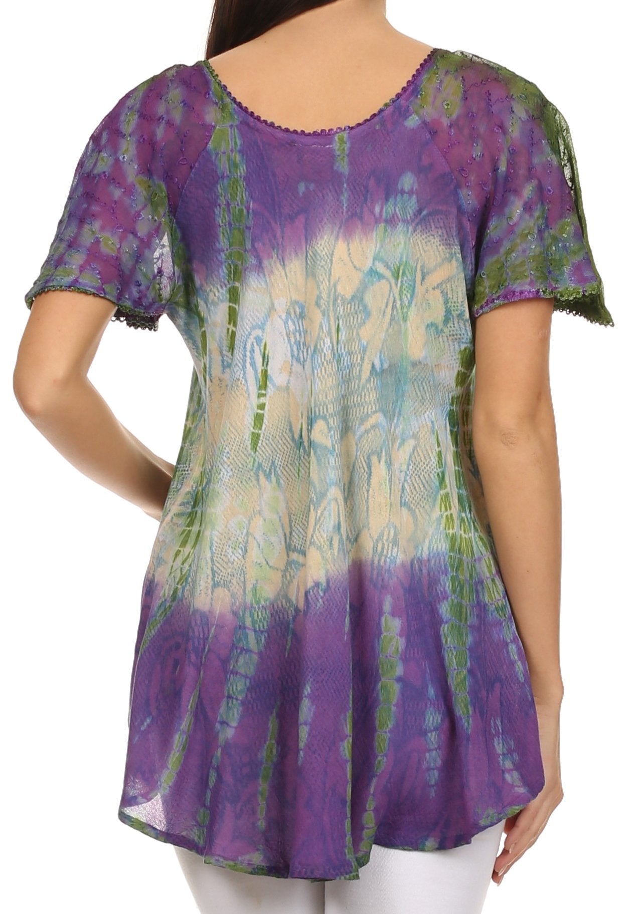 Sakkas - Dina Relaxed Fit Sequin Tie Dye Embroidery Cap Sleeves Blouse