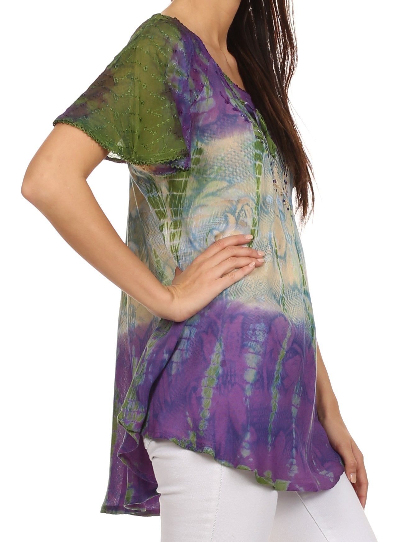 Sakkas - Dina Relaxed Fit Sequin Tie Dye Embroidery Cap Sleeves Blouse