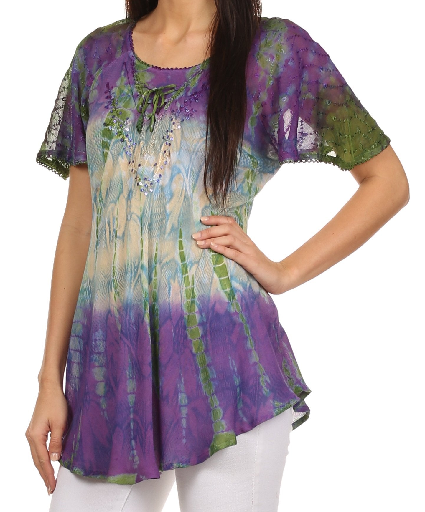 Sakkas - Dina Relaxed Fit Sequin Tie Dye Embroidery Cap Sleeves Blouse
