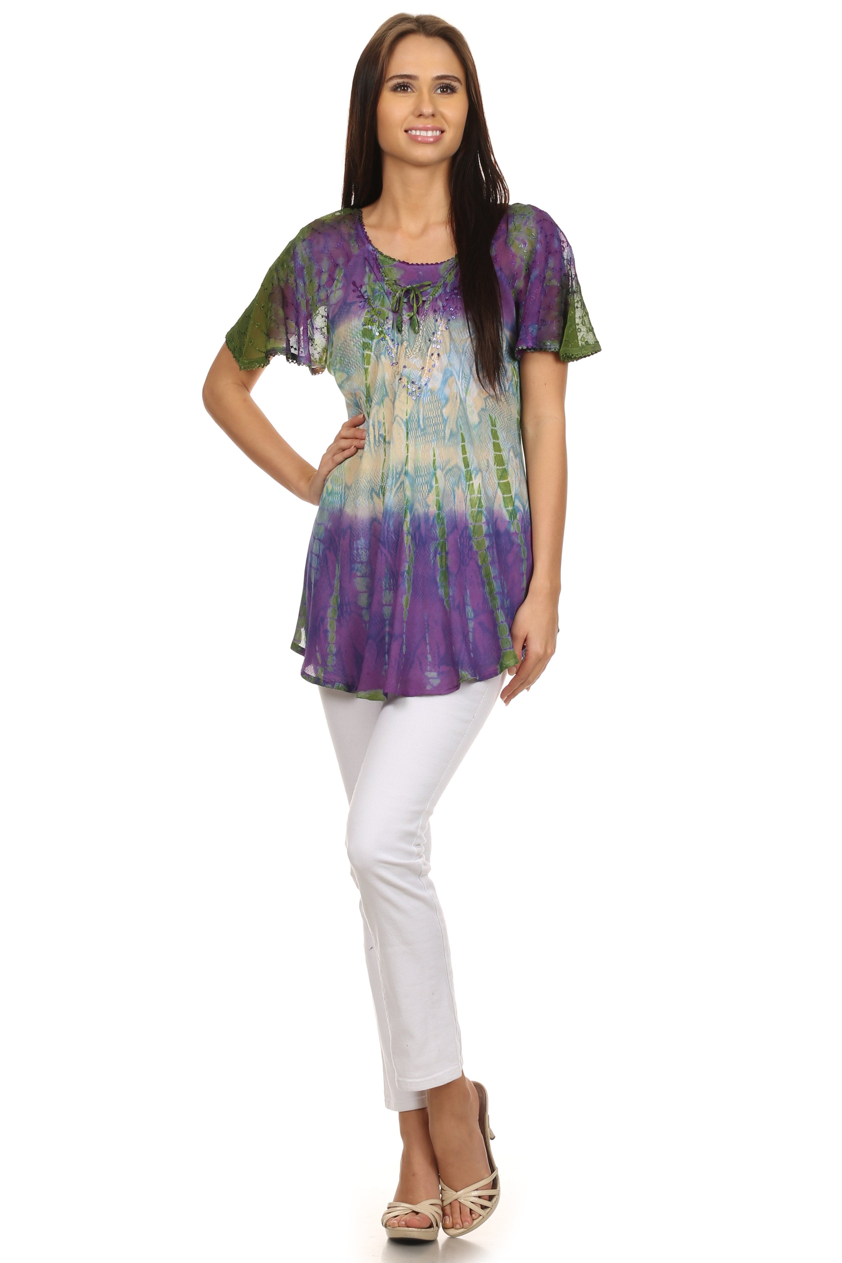 Sakkas - Dina Relaxed Fit Sequin Tie Dye Embroidery Cap Sleeves Blouse