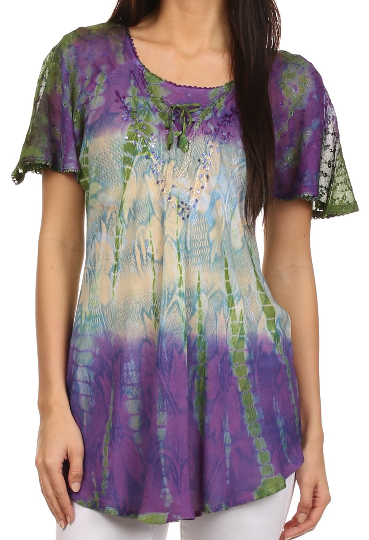 Sakkas - Dina Relaxed Fit Sequin Tie Dye Embroidery Cap Sleeves Blouse