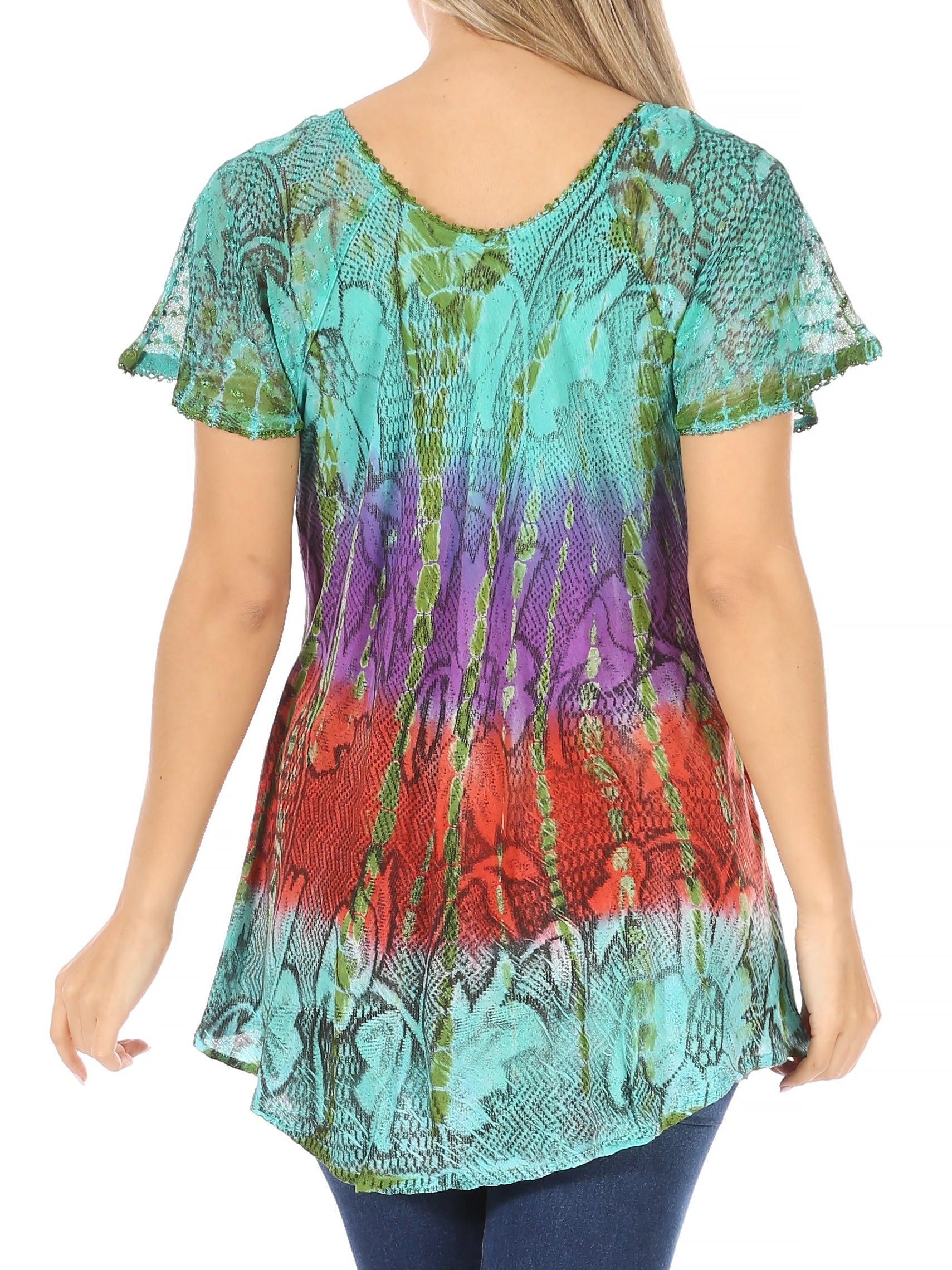 Sakkas - Dina Relaxed Fit Sequin Tie Dye Embroidery Cap Sleeves Blouse