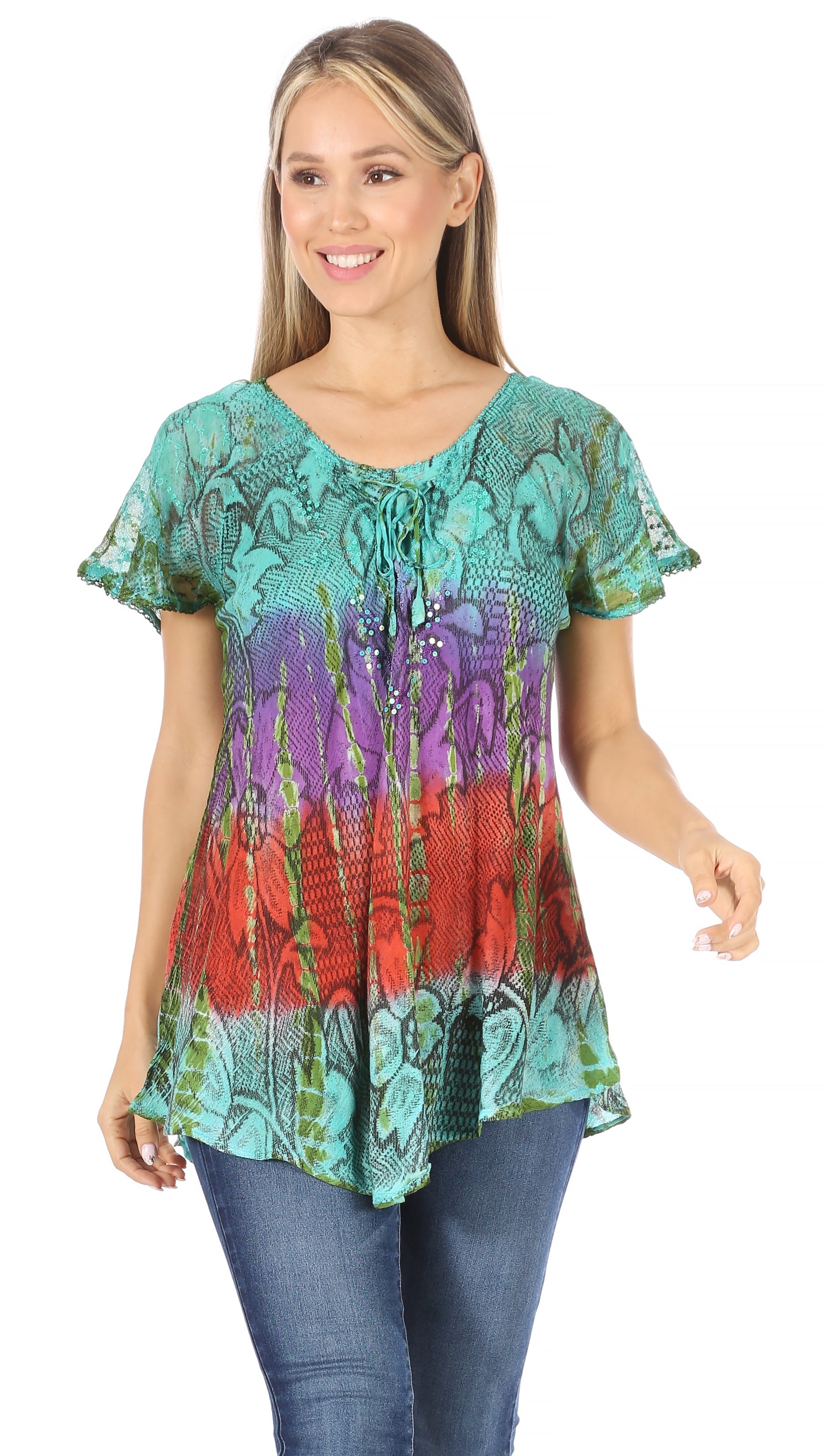Sakkas - Dina Relaxed Fit Sequin Tie Dye Embroidery Cap Sleeves Blouse