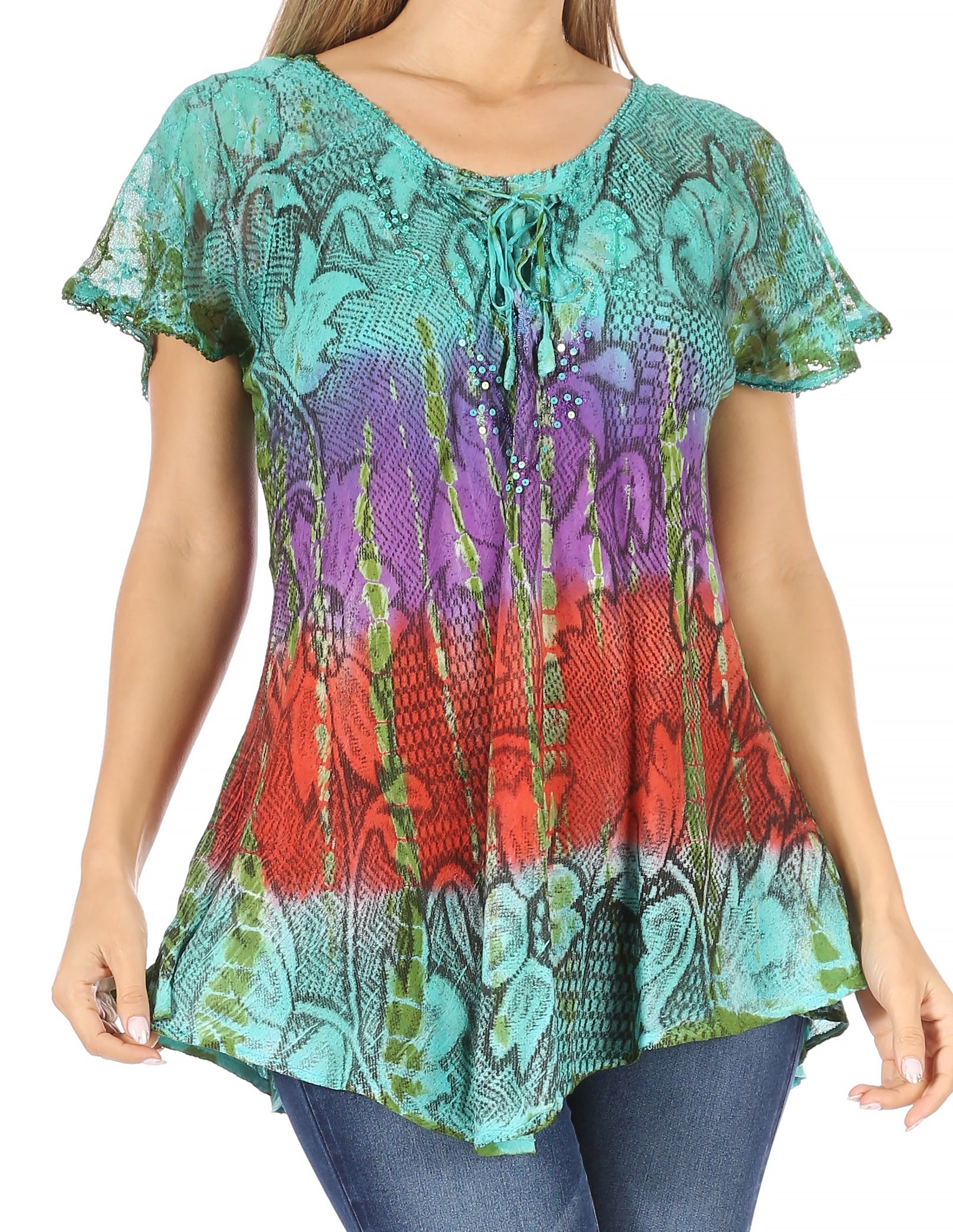 Sakkas - Dina Relaxed Fit Sequin Tie Dye Embroidery Cap Sleeves Blouse
