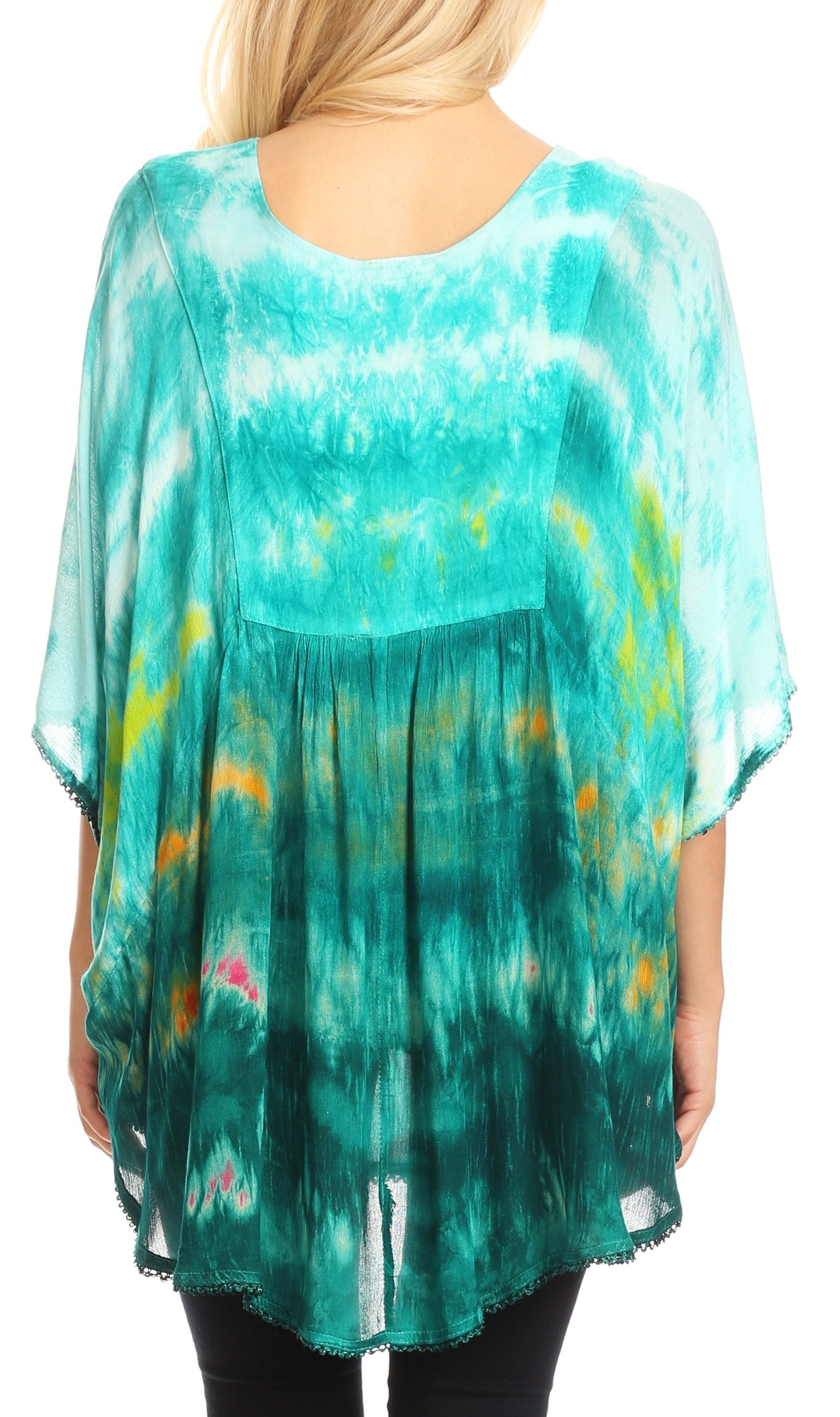 Tie-dye shirt with teal, yellow, and pink patterns on a white background