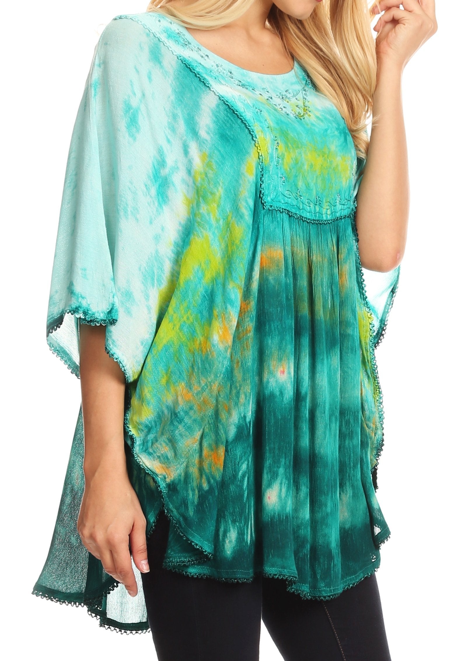 Tie-dye top with a colorful pattern on a white background