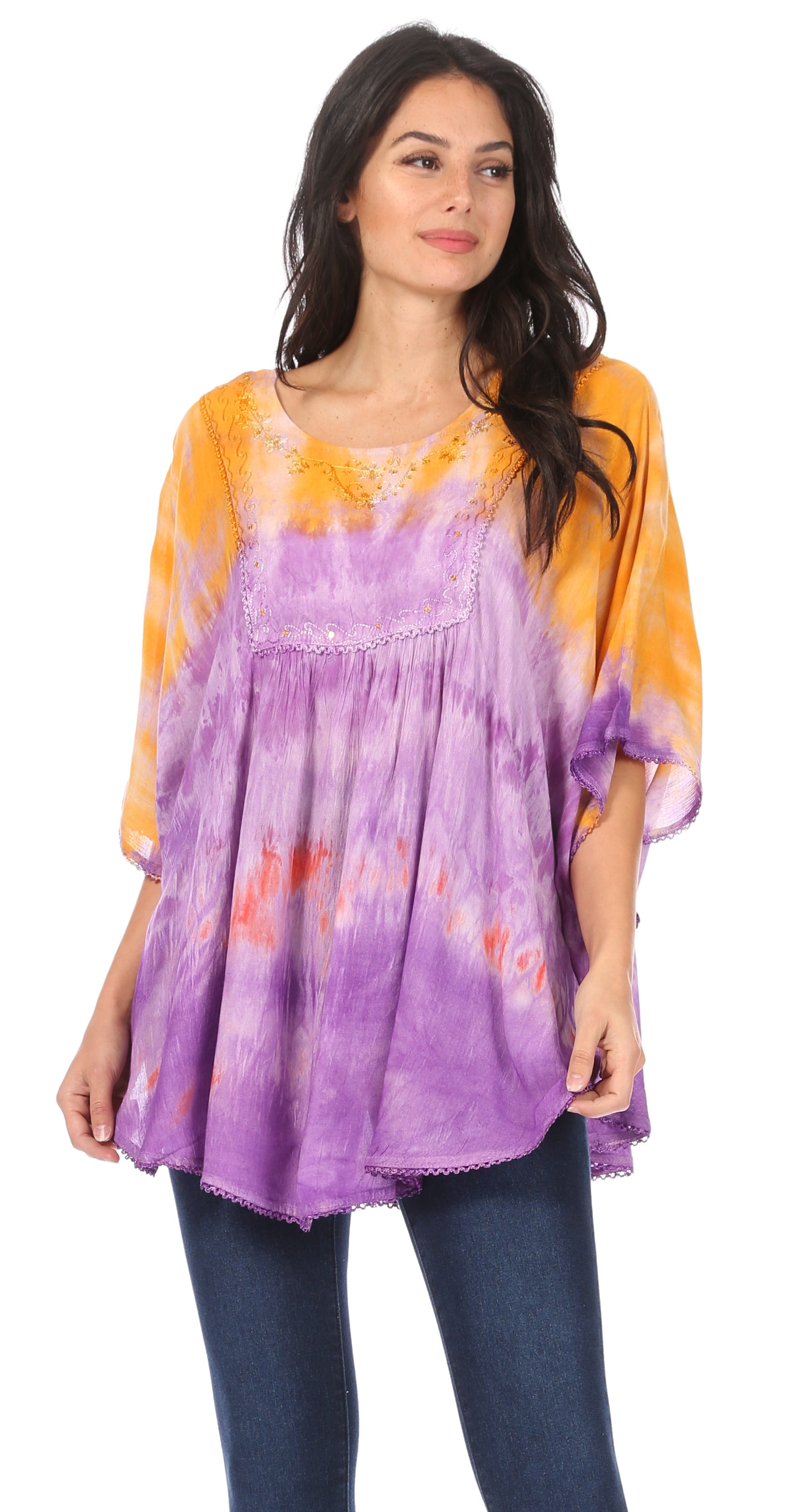 Woman wearing a purple and orange tie-dye top on a white background