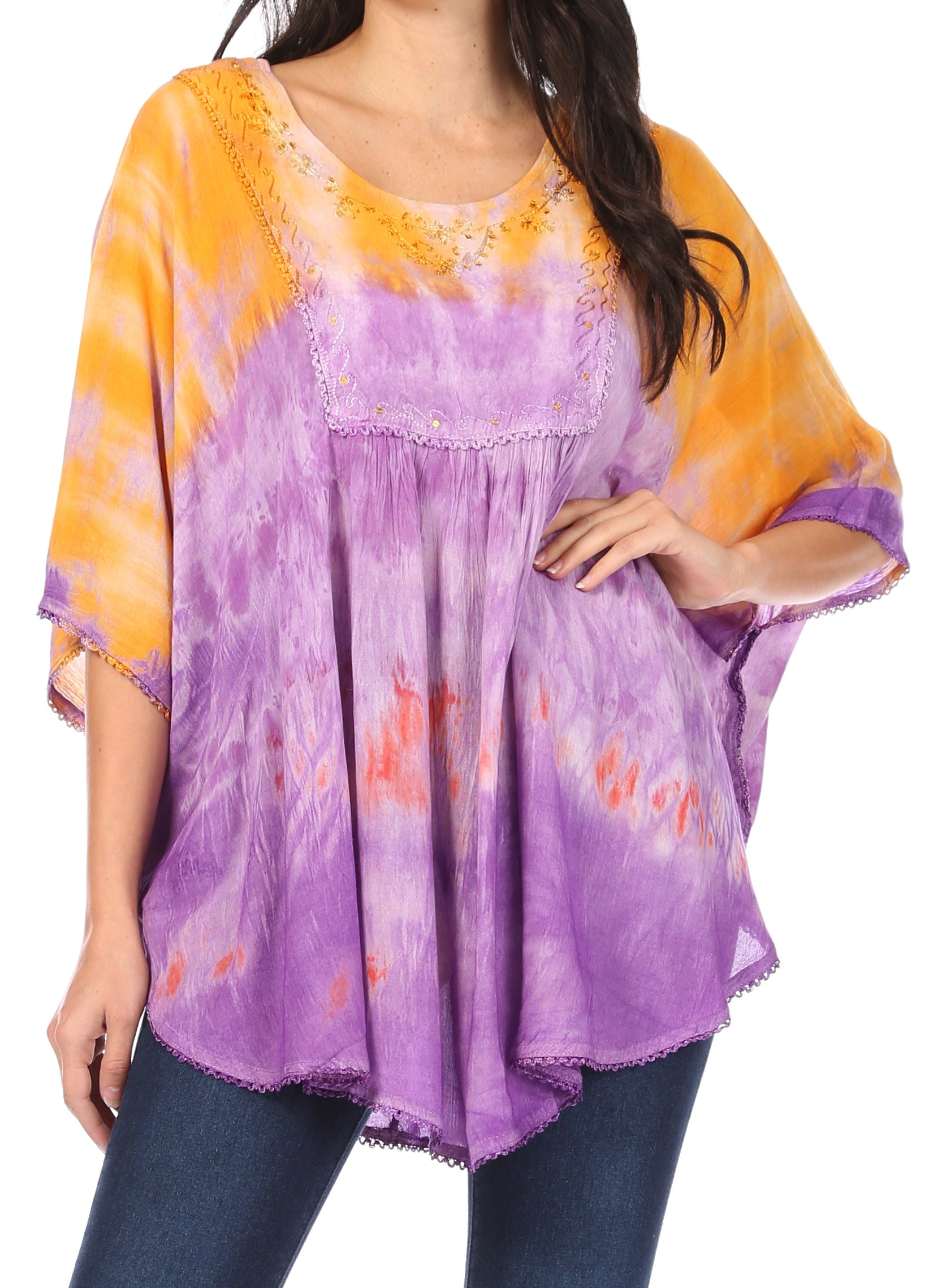 Woman wearing a tie-dye shirt with orange and purple colors on a white background
