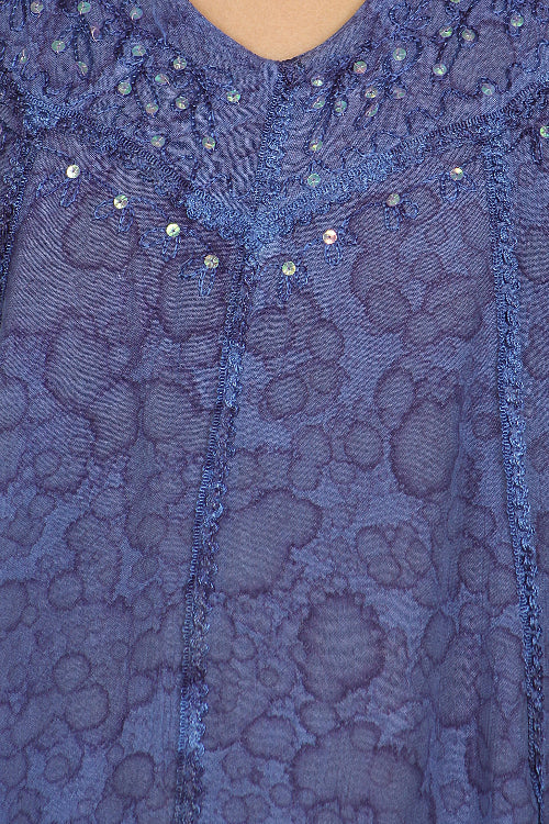 Close-up of a blue textured fabric with sequin details
