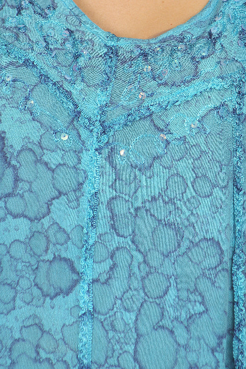 Close-up of a blue lace garment with intricate patterns and sequins.