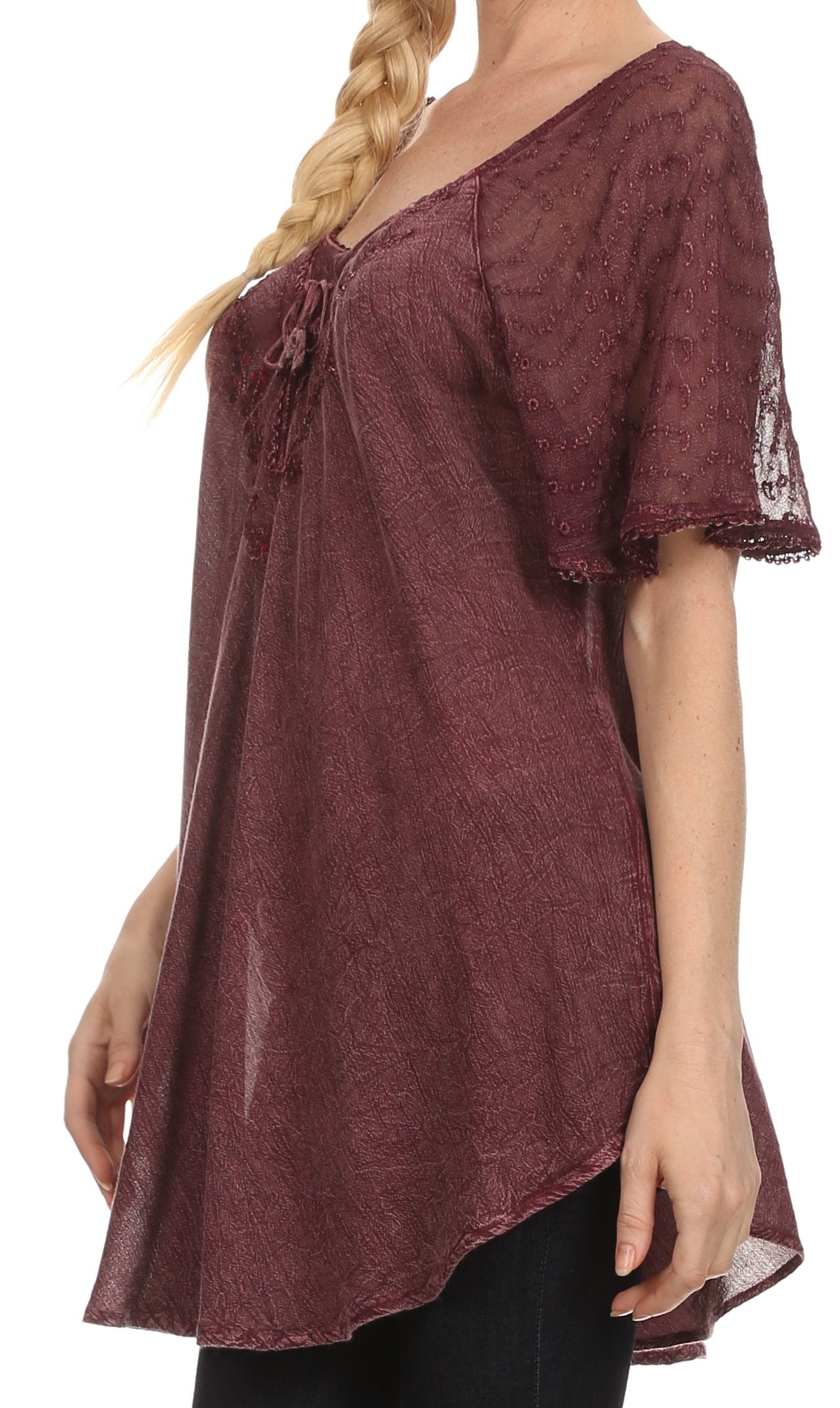 Sakkas - Ellie Sequin Embroidered Cap Sleeve Scoop Neck Relaxed Fit Blouse