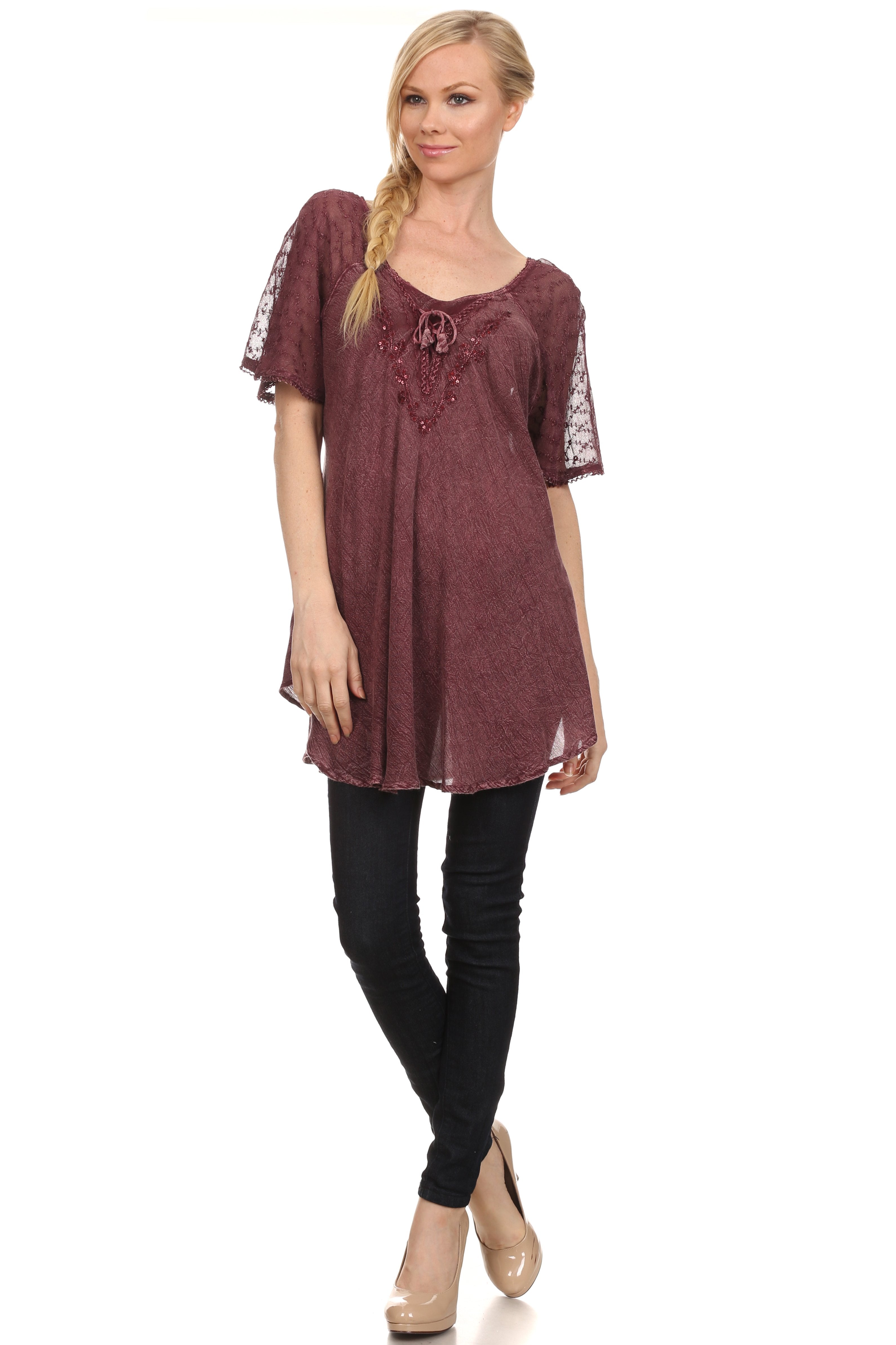 Sakkas - Ellie Sequin Embroidered Cap Sleeve Scoop Neck Relaxed Fit Blouse