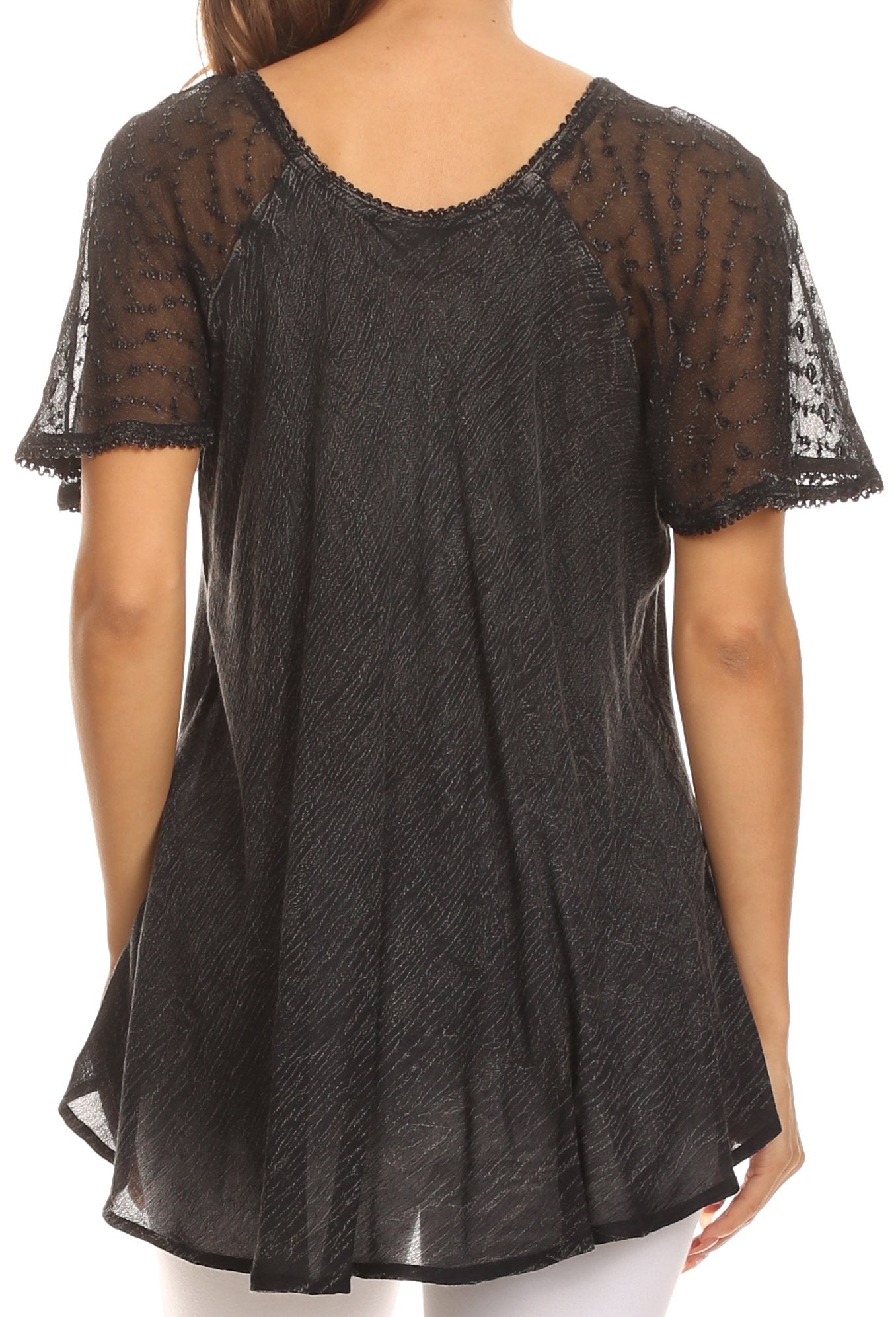 Sakkas - Ellie Sequin Embroidered Cap Sleeve Scoop Neck Relaxed Fit Blouse