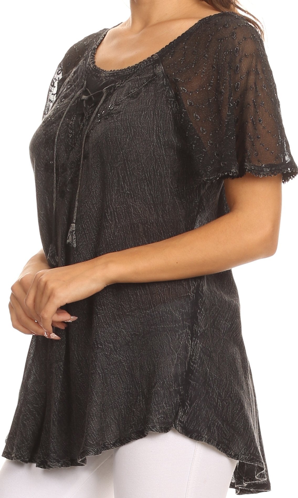 Sakkas - Ellie Sequin Embroidered Cap Sleeve Scoop Neck Relaxed Fit Blouse
