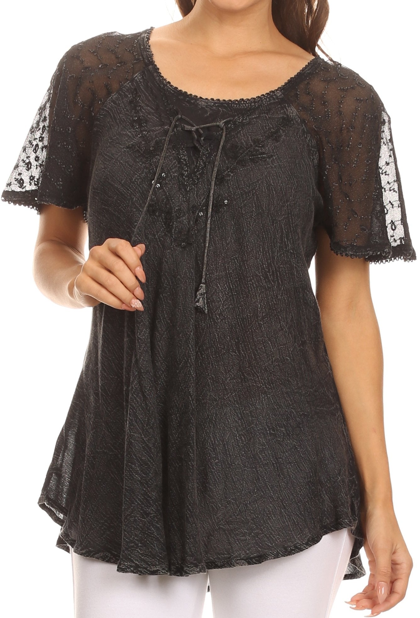 Sakkas - Ellie Sequin Embroidered Cap Sleeve Scoop Neck Relaxed Fit Blouse