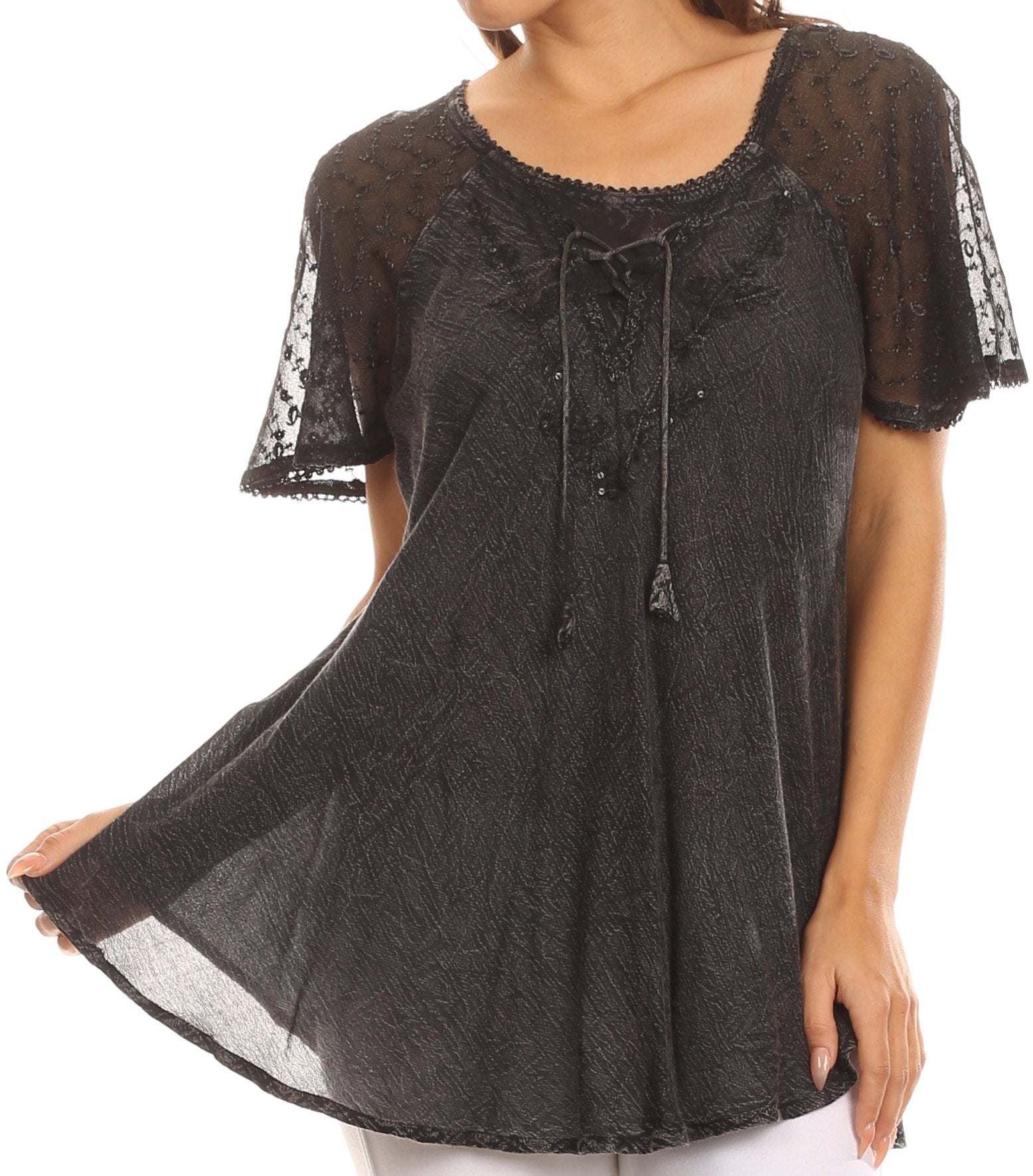 Sakkas - Ellie Sequin Embroidered Cap Sleeve Scoop Neck Relaxed Fit Blouse