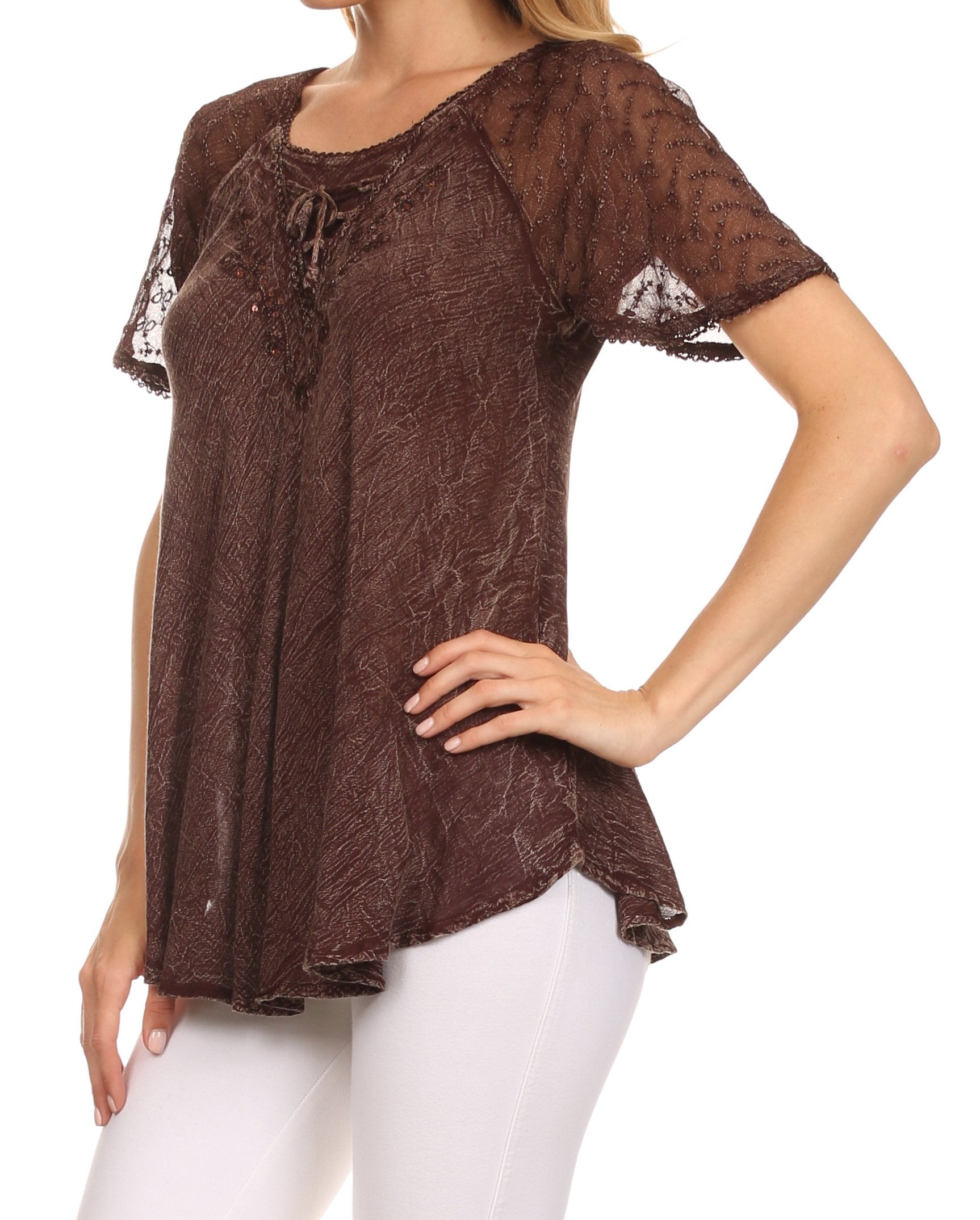 Sakkas - Ellie Sequin Embroidered Cap Sleeve Scoop Neck Relaxed Fit Blouse