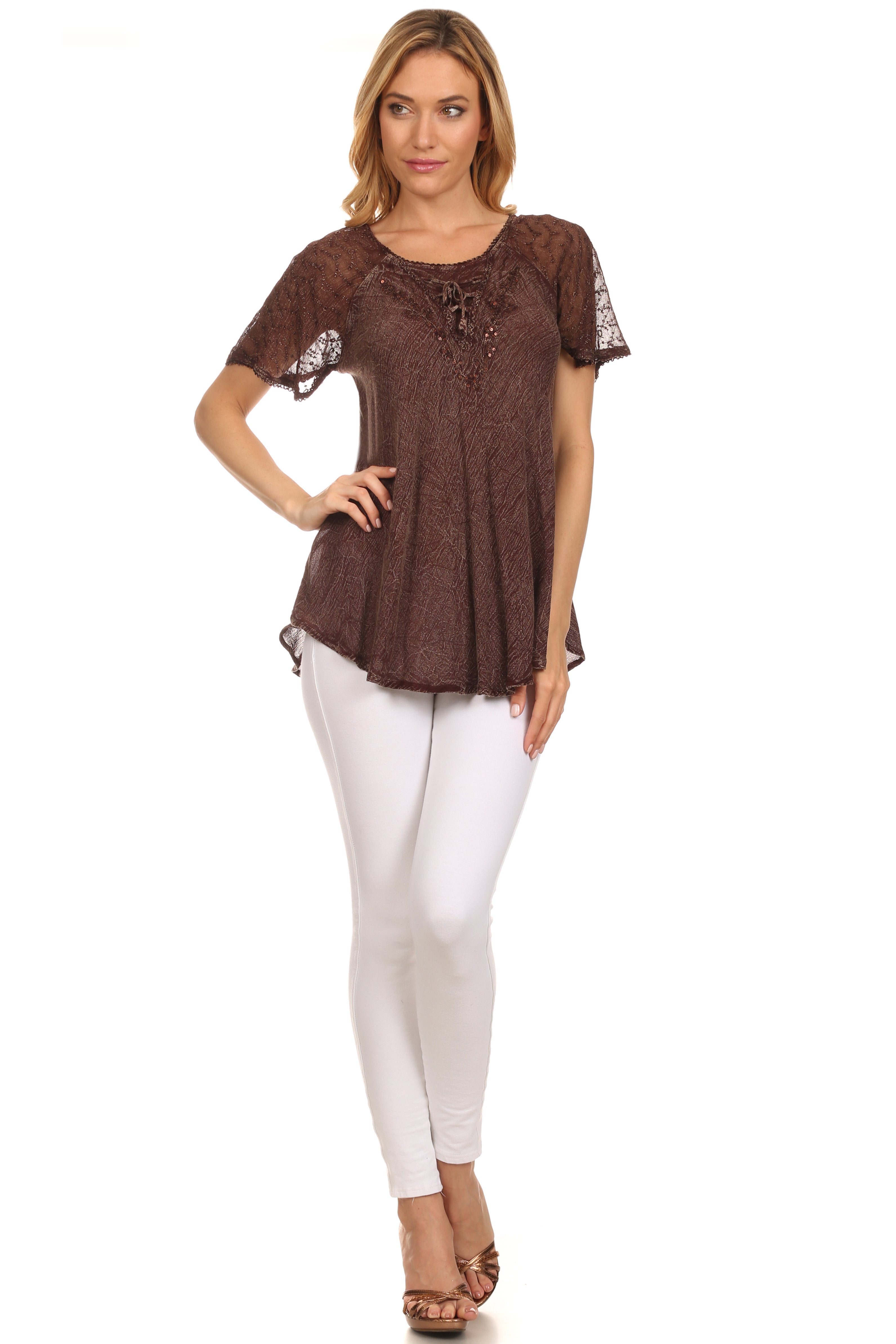 Sakkas - Ellie Sequin Embroidered Cap Sleeve Scoop Neck Relaxed Fit Blouse