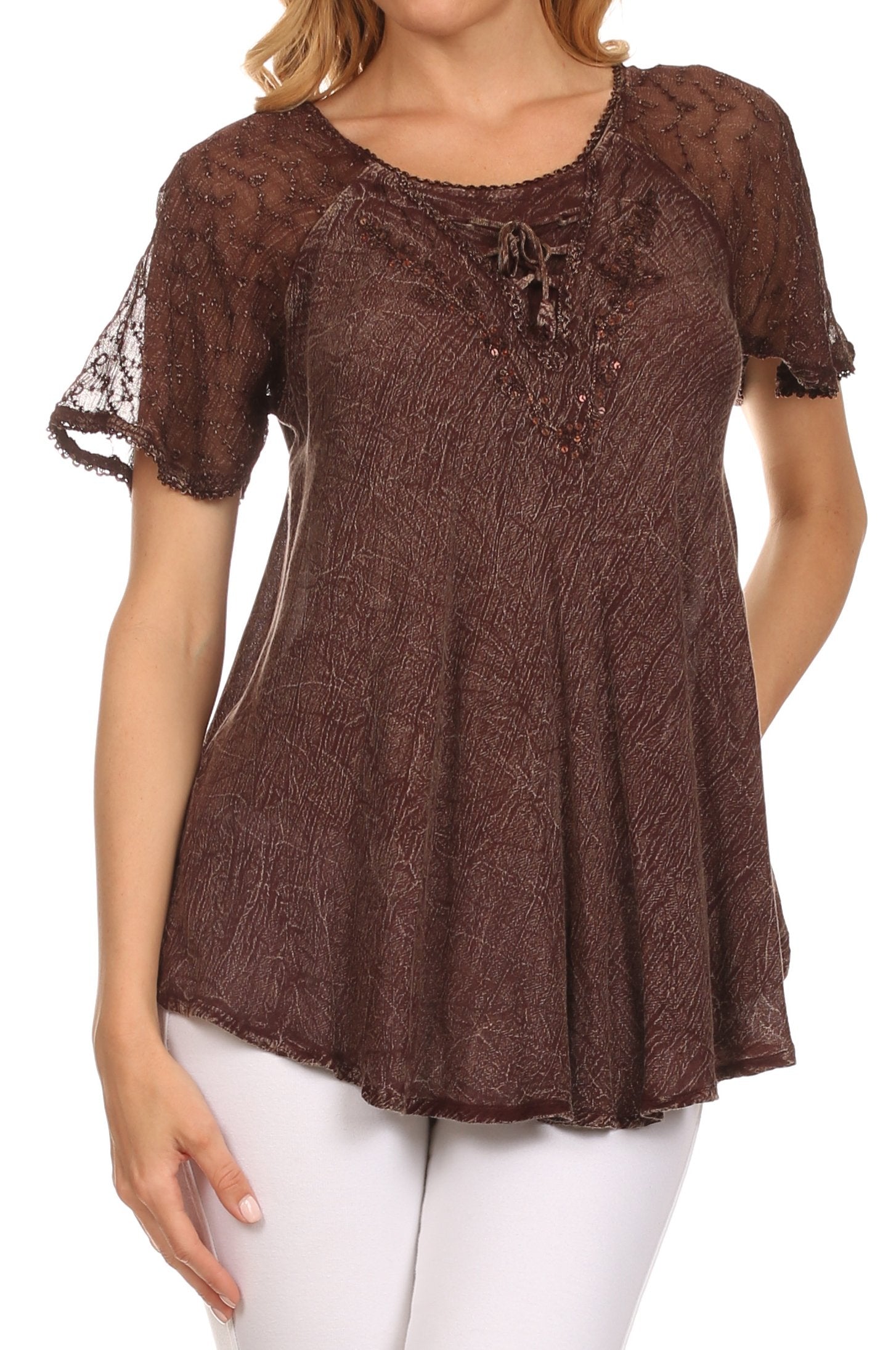 Sakkas - Ellie Sequin Embroidered Cap Sleeve Scoop Neck Relaxed Fit Blouse