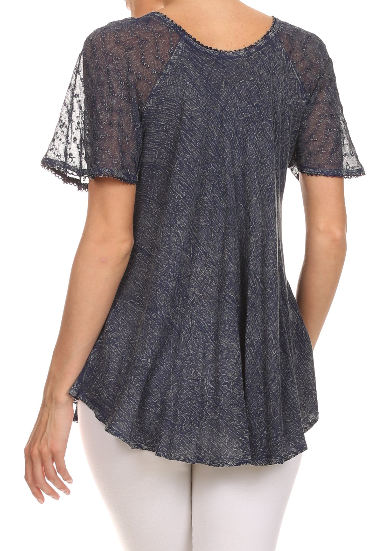 Sakkas - Ellie Sequin Embroidered Cap Sleeve Scoop Neck Relaxed Fit Blouse