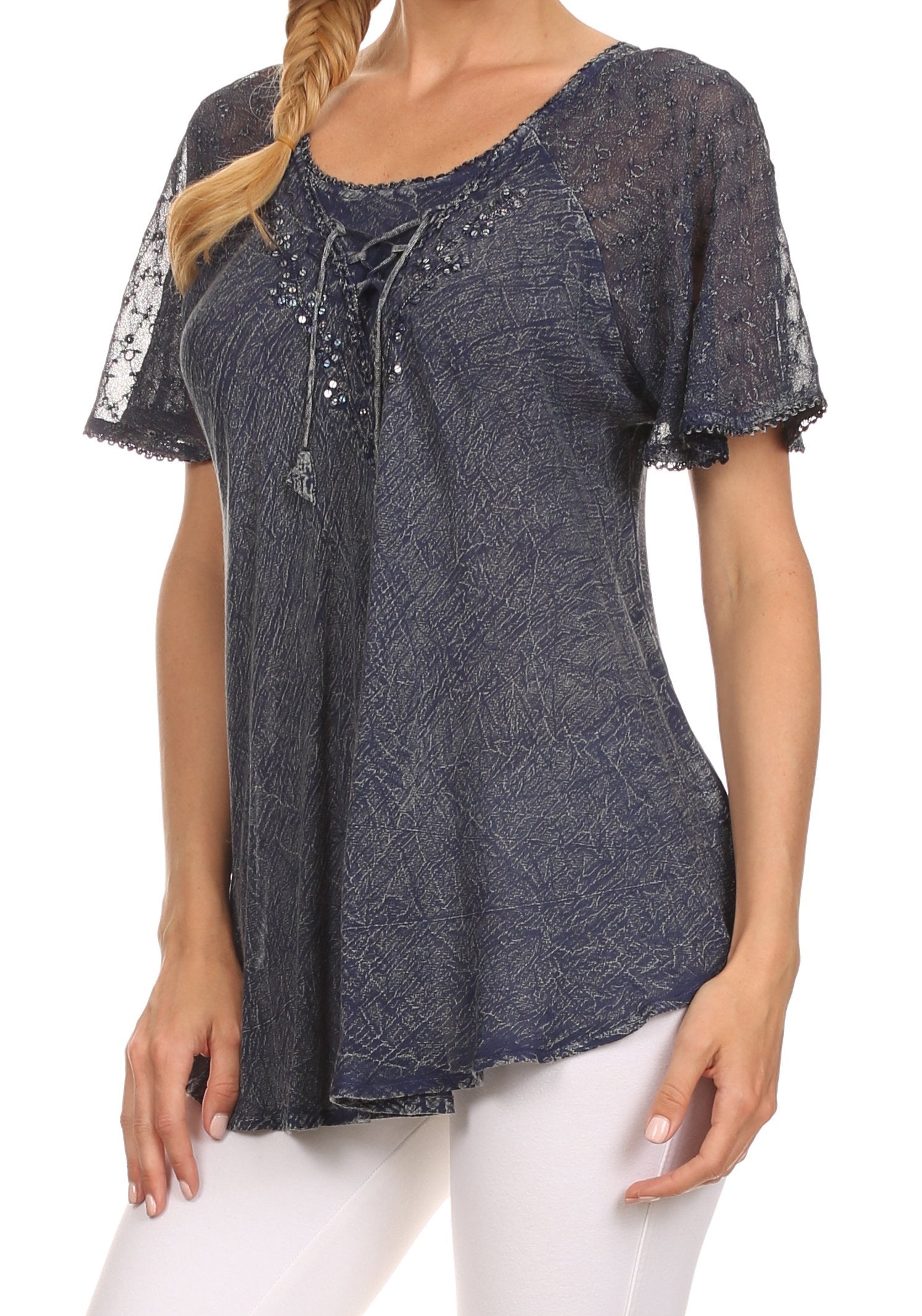 Sakkas - Ellie Sequin Embroidered Cap Sleeve Scoop Neck Relaxed Fit Blouse