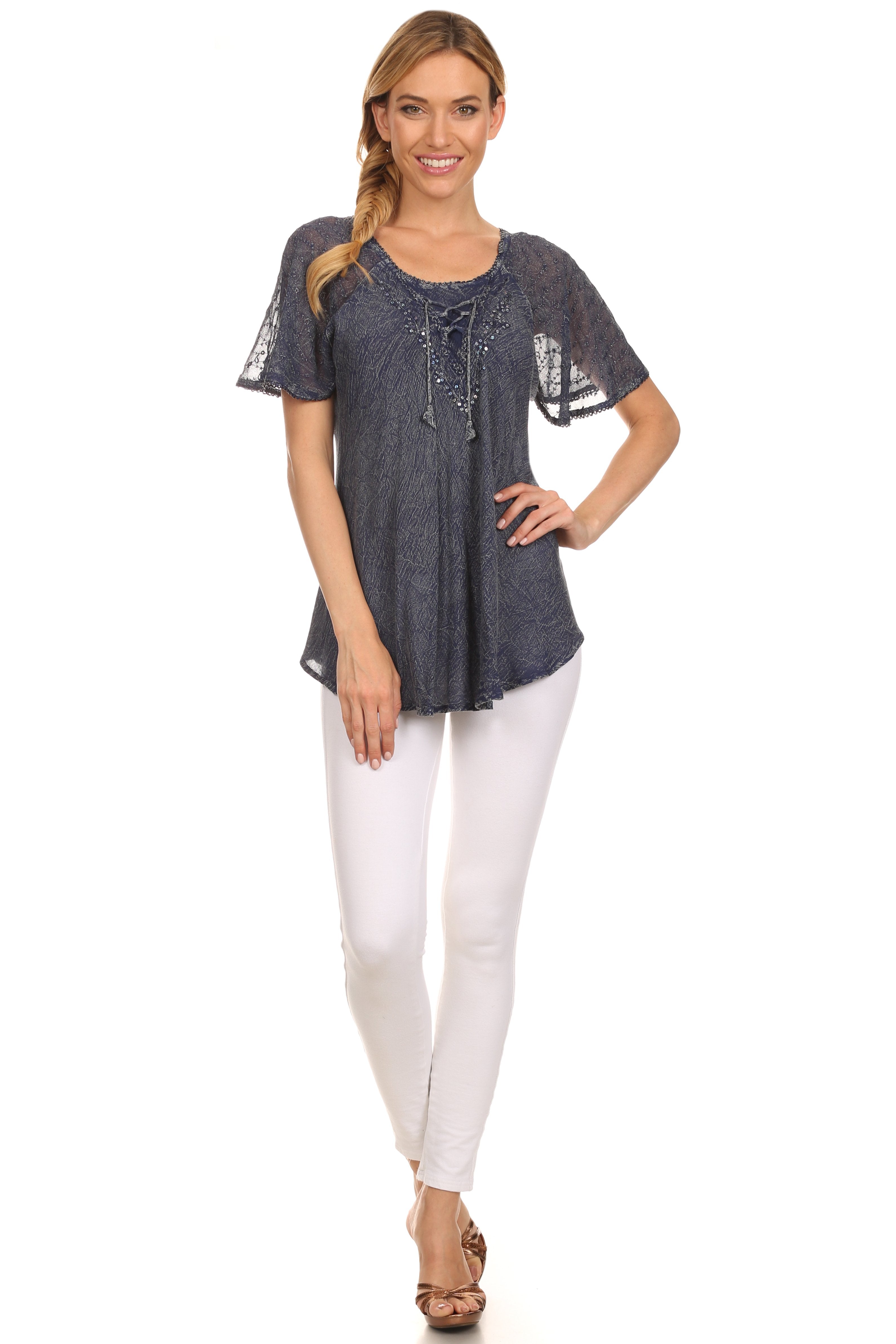 Sakkas - Ellie Sequin Embroidered Cap Sleeve Scoop Neck Relaxed Fit Blouse