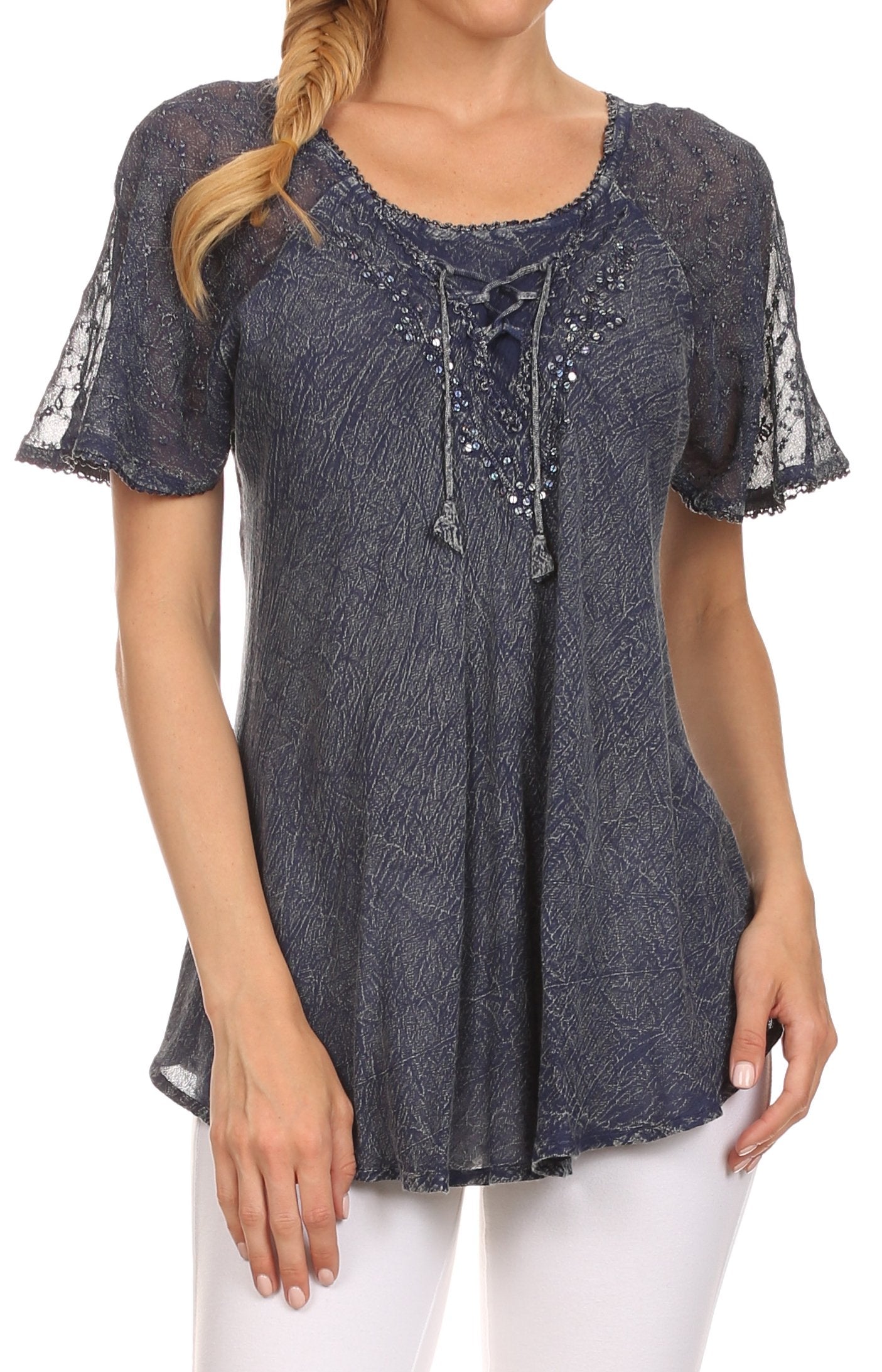 Sakkas - Ellie Sequin Embroidered Cap Sleeve Scoop Neck Relaxed Fit Blouse
