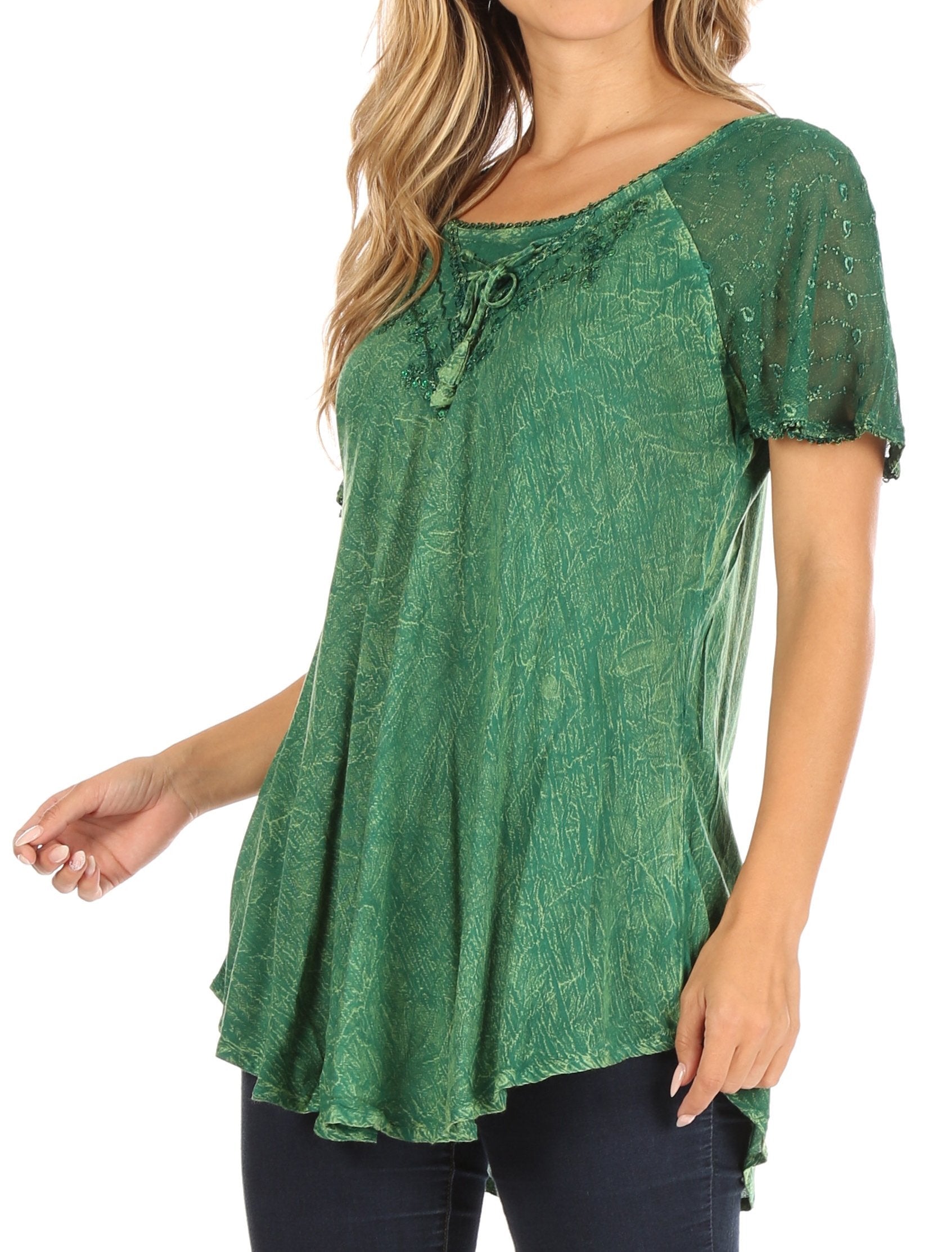 Sakkas - Ellie Sequin Embroidered Cap Sleeve Scoop Neck Relaxed Fit Blouse