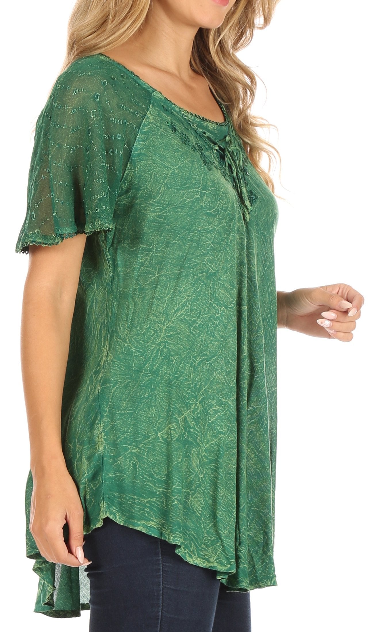 Sakkas - Ellie Sequin Embroidered Cap Sleeve Scoop Neck Relaxed Fit Blouse