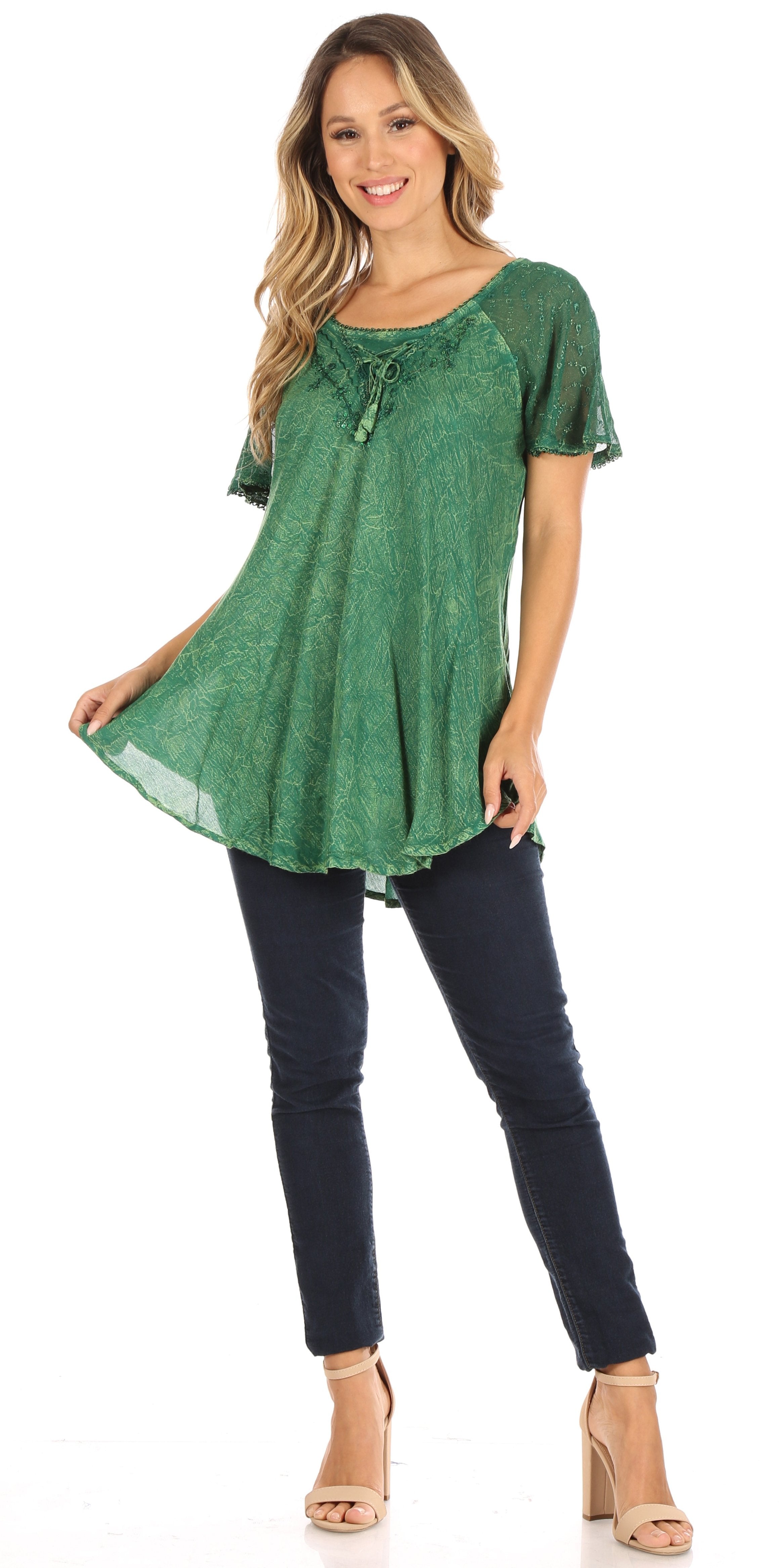 Sakkas - Ellie Sequin Embroidered Cap Sleeve Scoop Neck Relaxed Fit Blouse