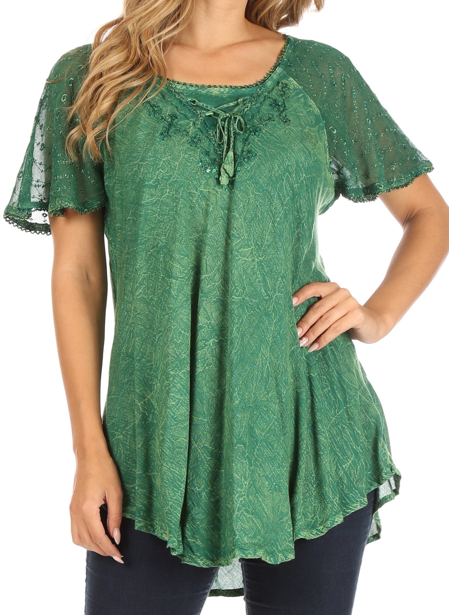 Sakkas - Ellie Sequin Embroidered Cap Sleeve Scoop Neck Relaxed Fit Blouse