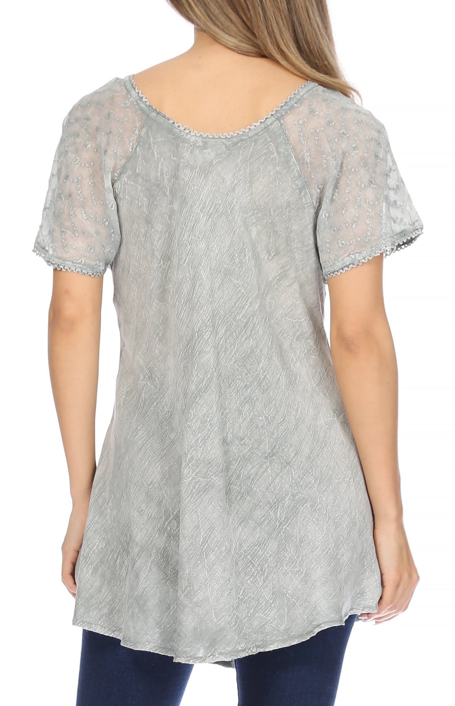 Sakkas - Ellie Sequin Embroidered Cap Sleeve Scoop Neck Relaxed Fit Blouse