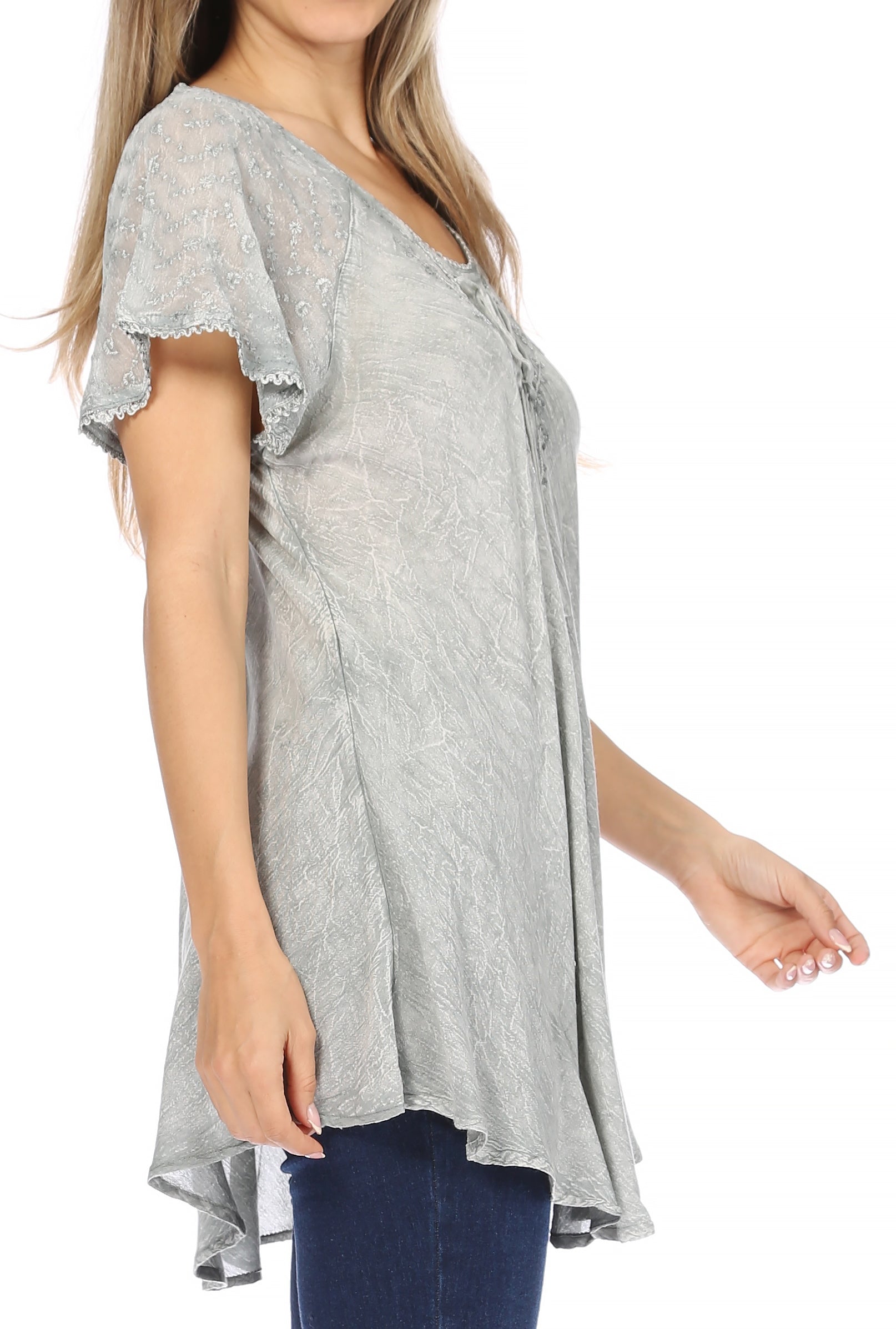 Sakkas - Ellie Sequin Embroidered Cap Sleeve Scoop Neck Relaxed Fit Blouse